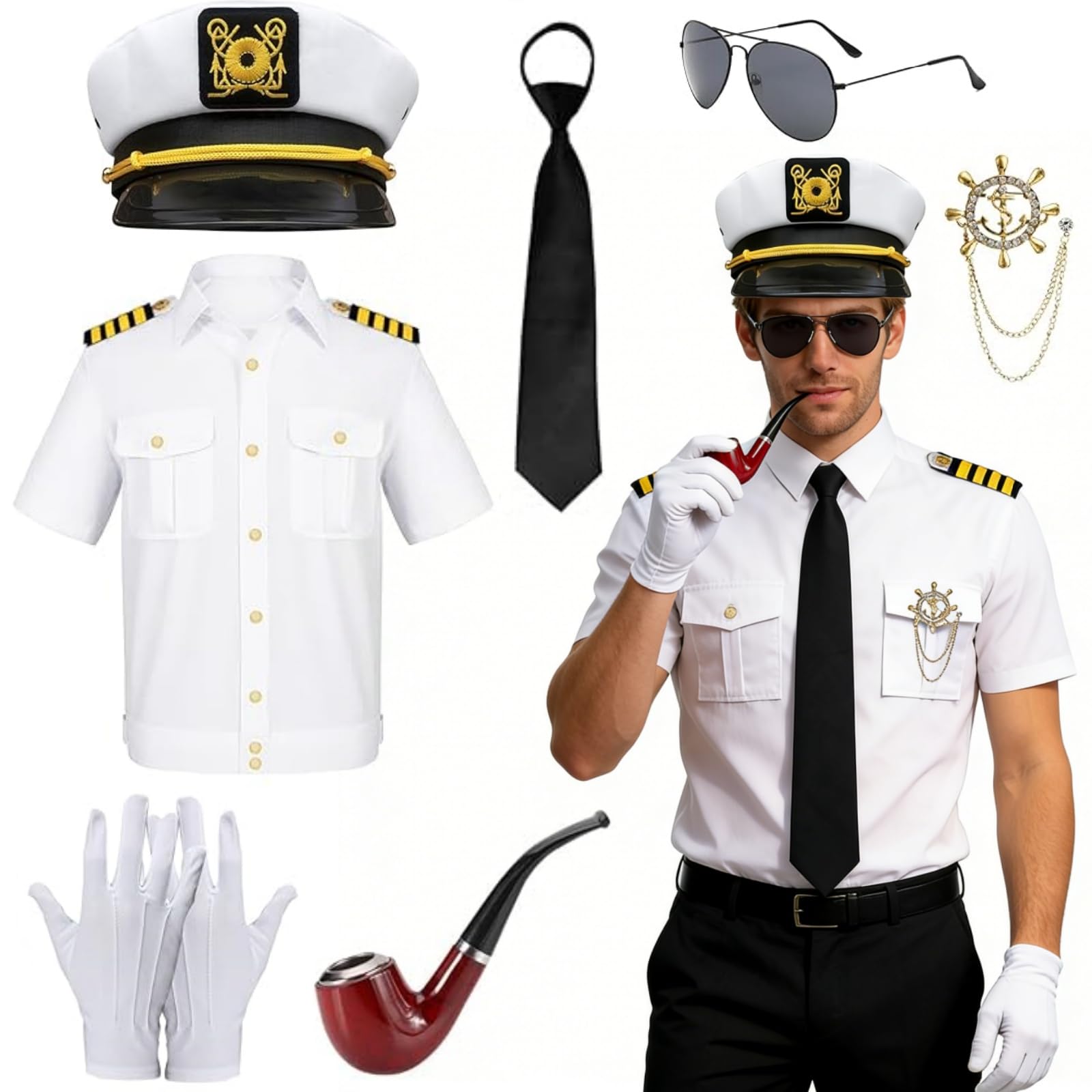 Set di 8 costumi da capitano marinaio da uomo, accessori per adulti, accessori per travestimento da capitano marinaio, feste nautiche, costume per adulti per Halloween e cosplay