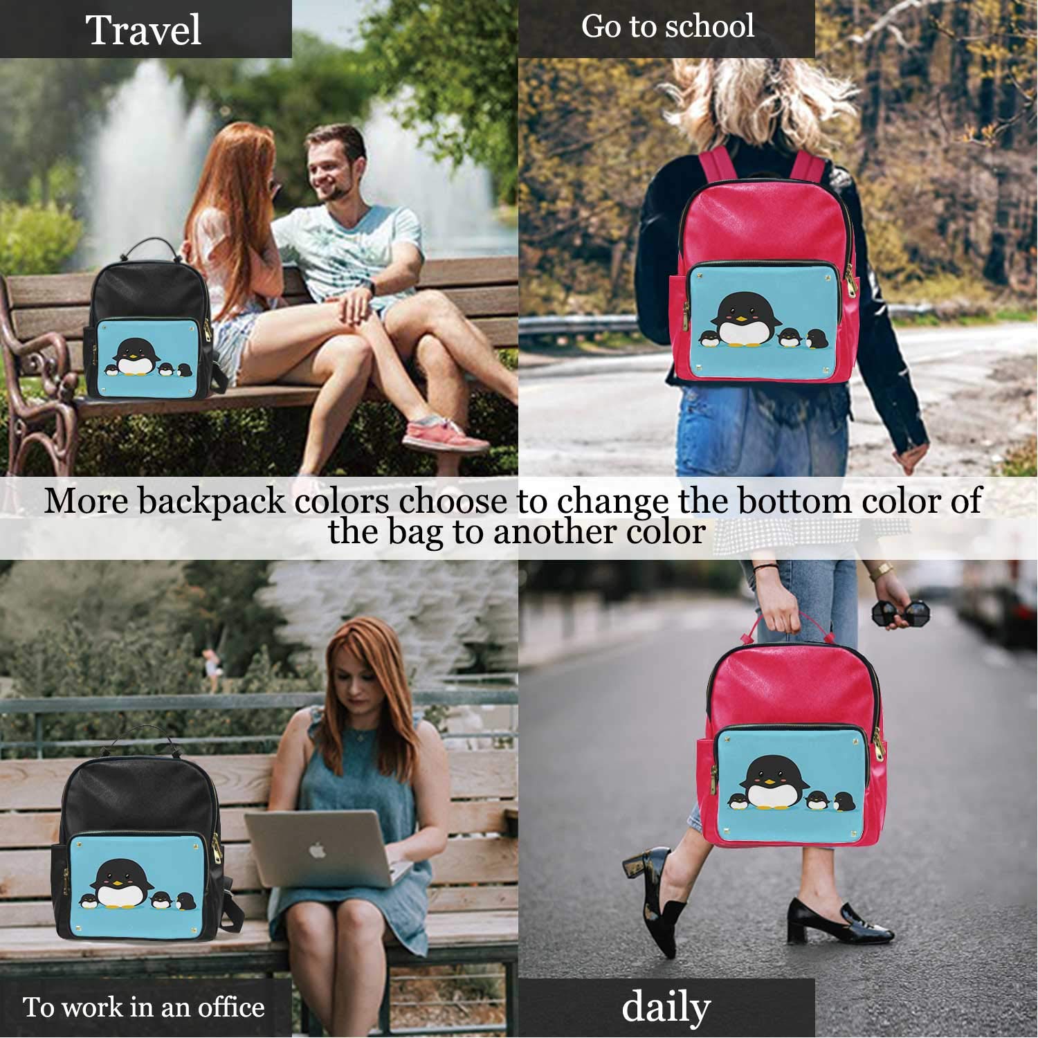 Penguin and Her Babies Vector,Leather Bag Travel Colorful ?for Women 15IN