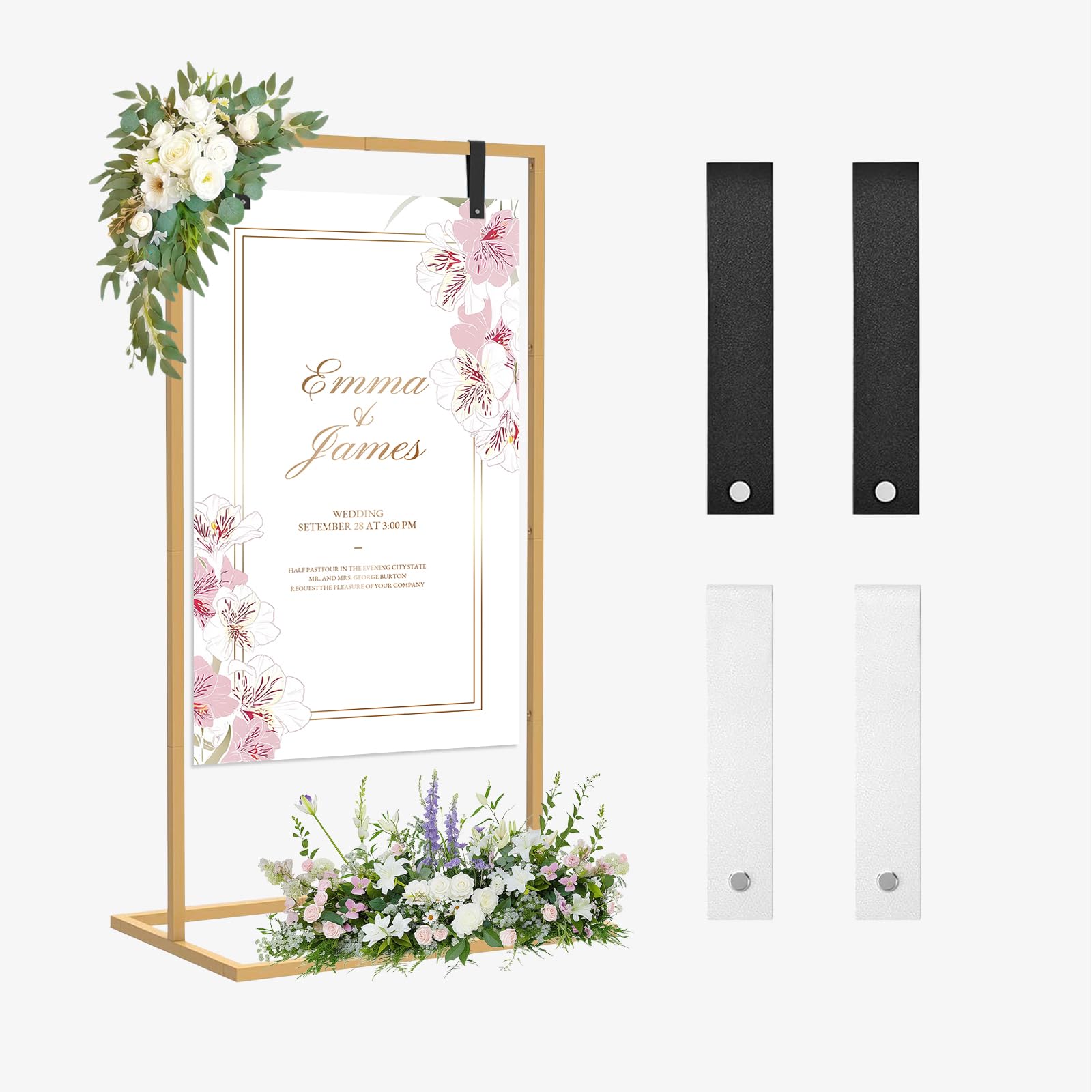 Support de présentoir de mariage, 164 x 76 x 51 cm, chevalet robuste pour panneau avec 4 sangles en cuir, adapté pour tableau de sièges, réception, affiches et décoration (Doré)