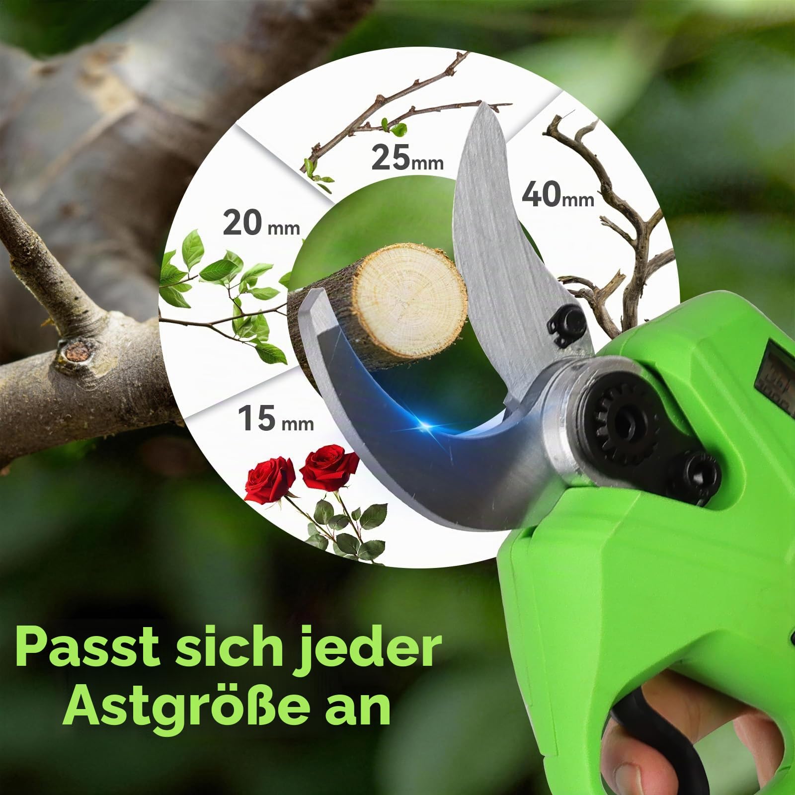 Akku Astschere Nexalite 40 mm mit 2 m Teleskopstange, LCD, 2x 2,0 Ah | für lange Einsätze,LCD,ABS/Alu leicht, Rutschfest,Obstbäume, Weinreben, Hecken