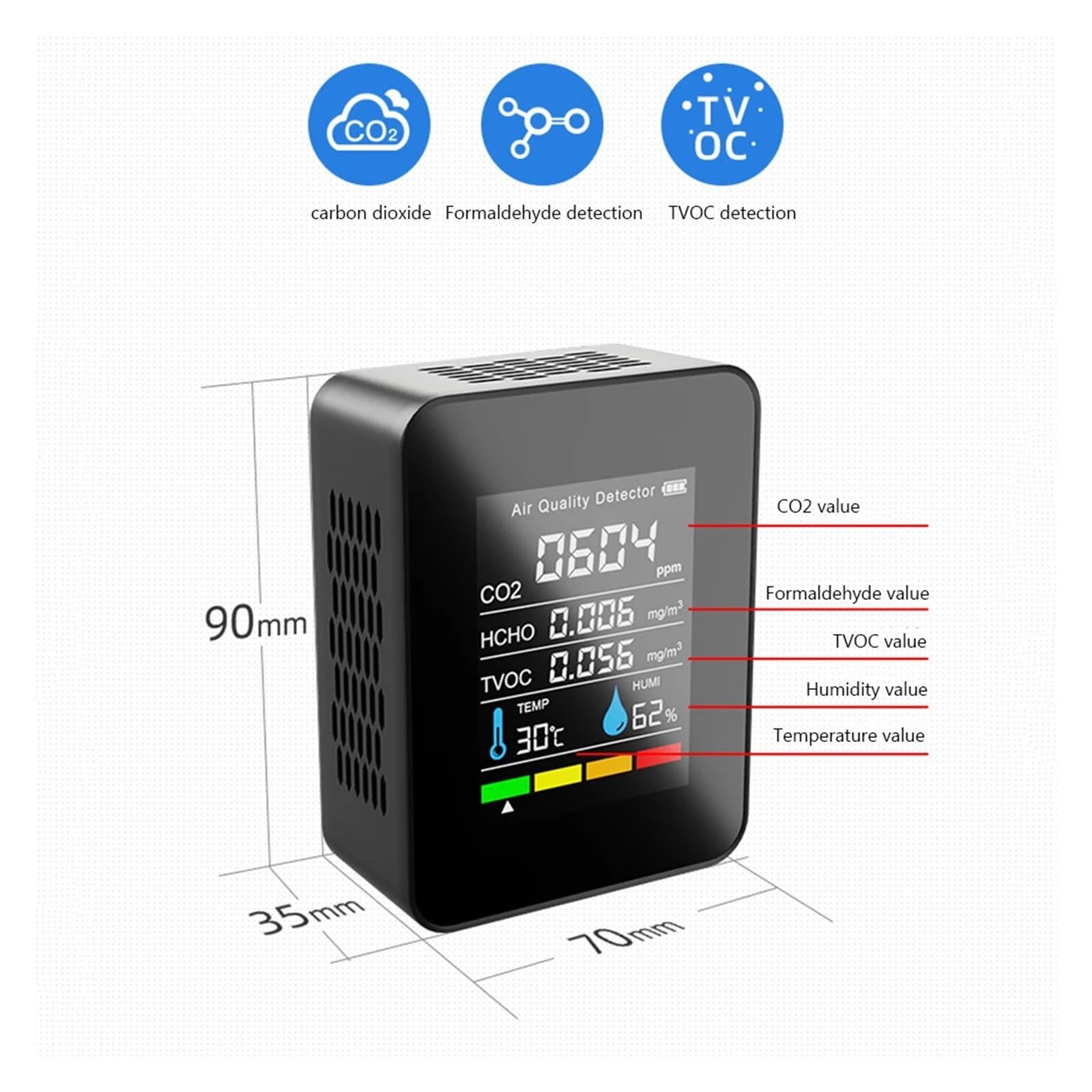 Detector De Dióxido Carbono, Co2, Monitor Portátil Temperatura Y Humedad, Calidad del Aire, Herramienta Invernadero For Plantación Agrícola Detección Rápida Precisa(Black)