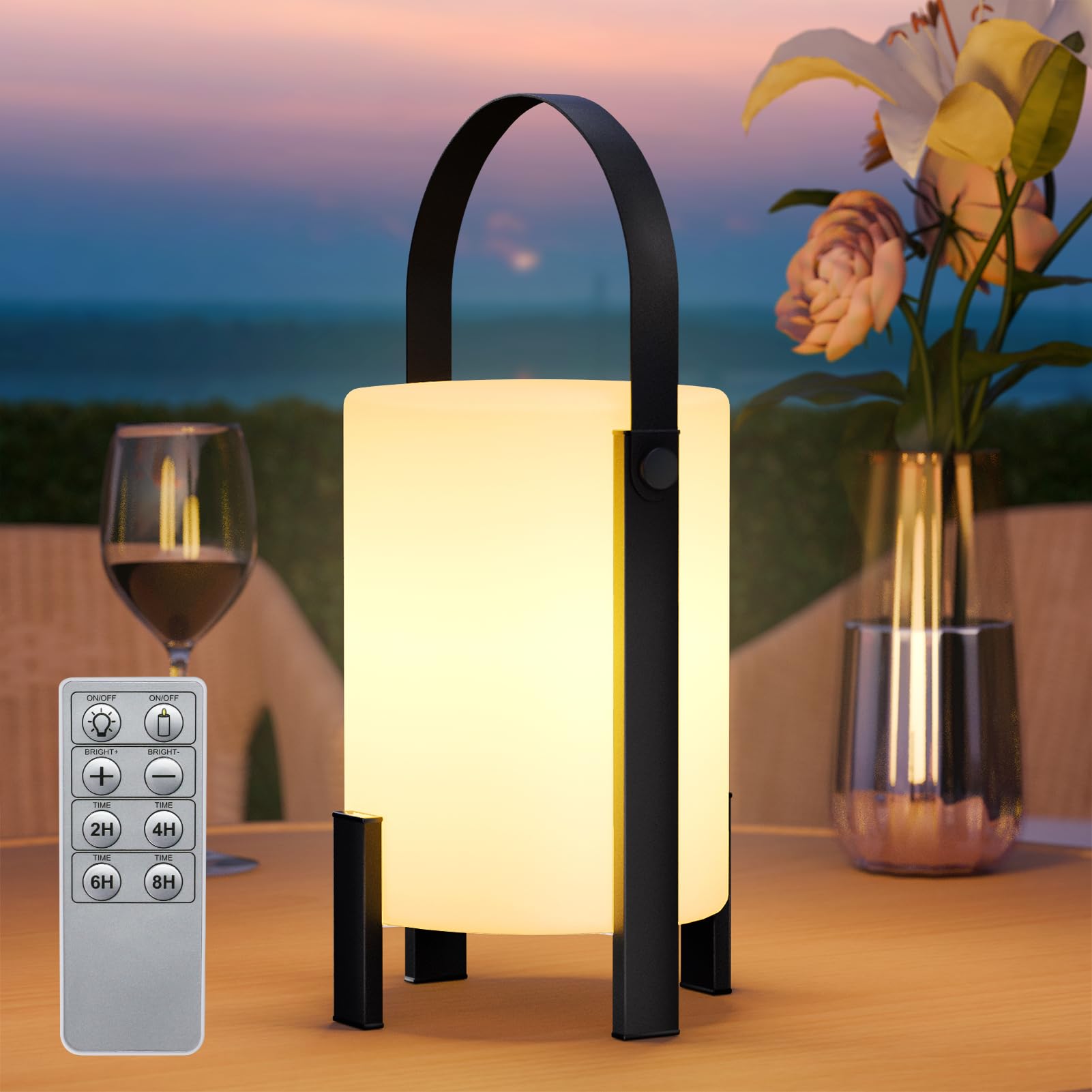 RWWR LED Lampe Akku Tischlampe Tragbar Kabellos 3000K und Kerzen atmendes Licht USB-C Nachttischlampe Dimmbar IP44 Wettersfest für Indoor Outdoor Garten Balkon Wohnzimmer​ (Fernbedienung, 8-10H Akku)