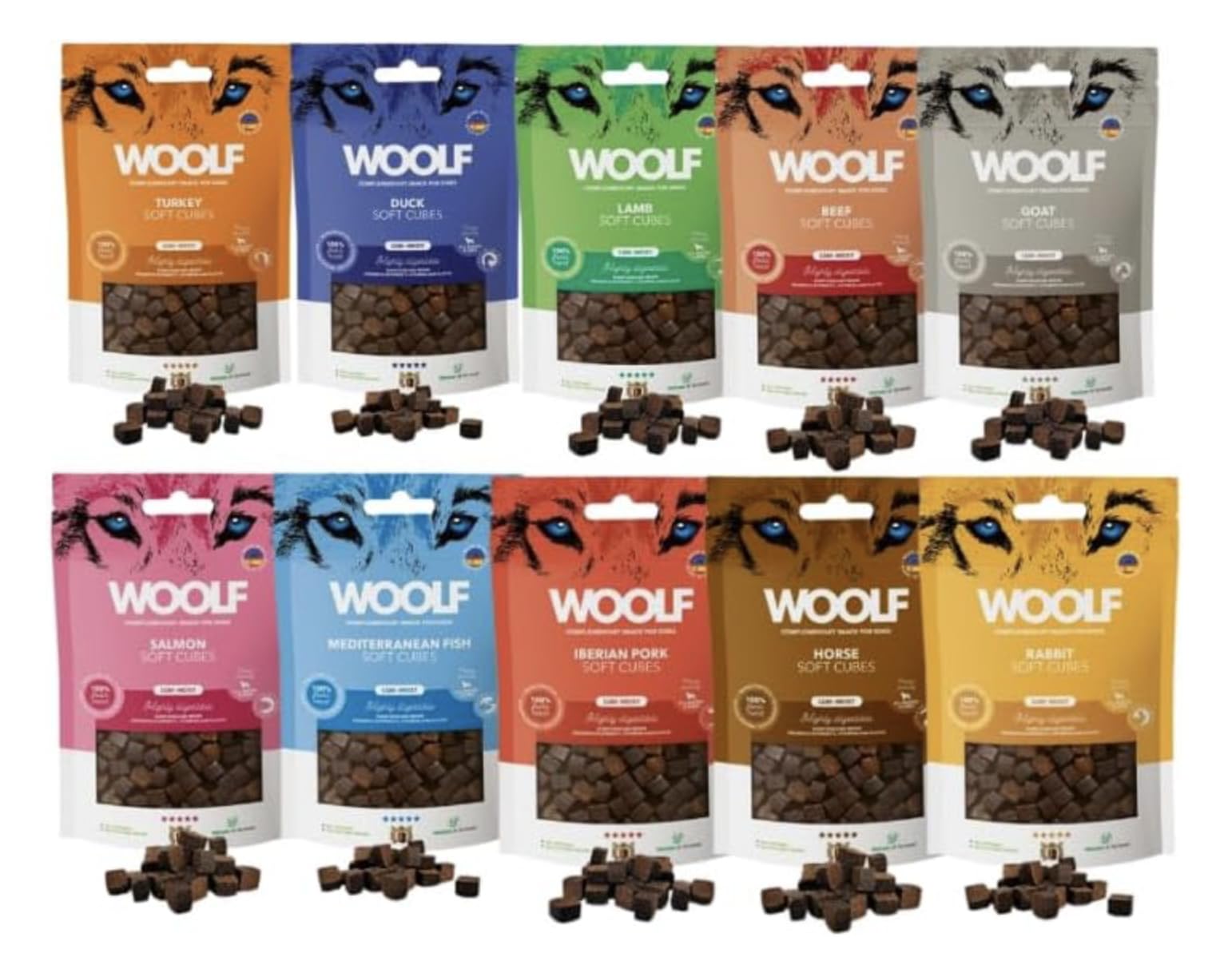 Pack 10x100g - Snacks Naturales Perros - Semihúmedos Monoproteicos - Sin Gluten Ni Cereales - Chuches Premios Perros Cachorros y Senior - Cabra - Caballo - Pavo - Salmón - Digestión Sensible