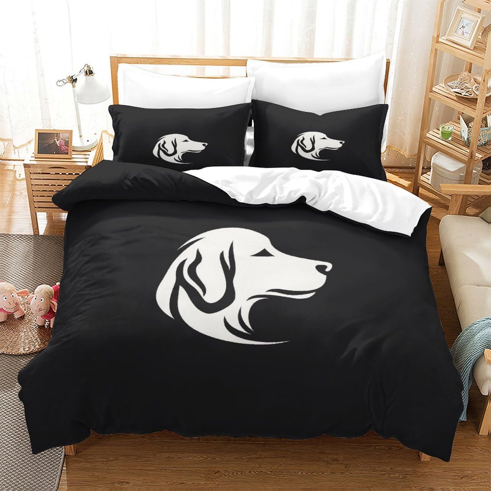 Linge de lit motif chien noir et blanc 260 x 220 cm avec housse de couette douce et lisse
