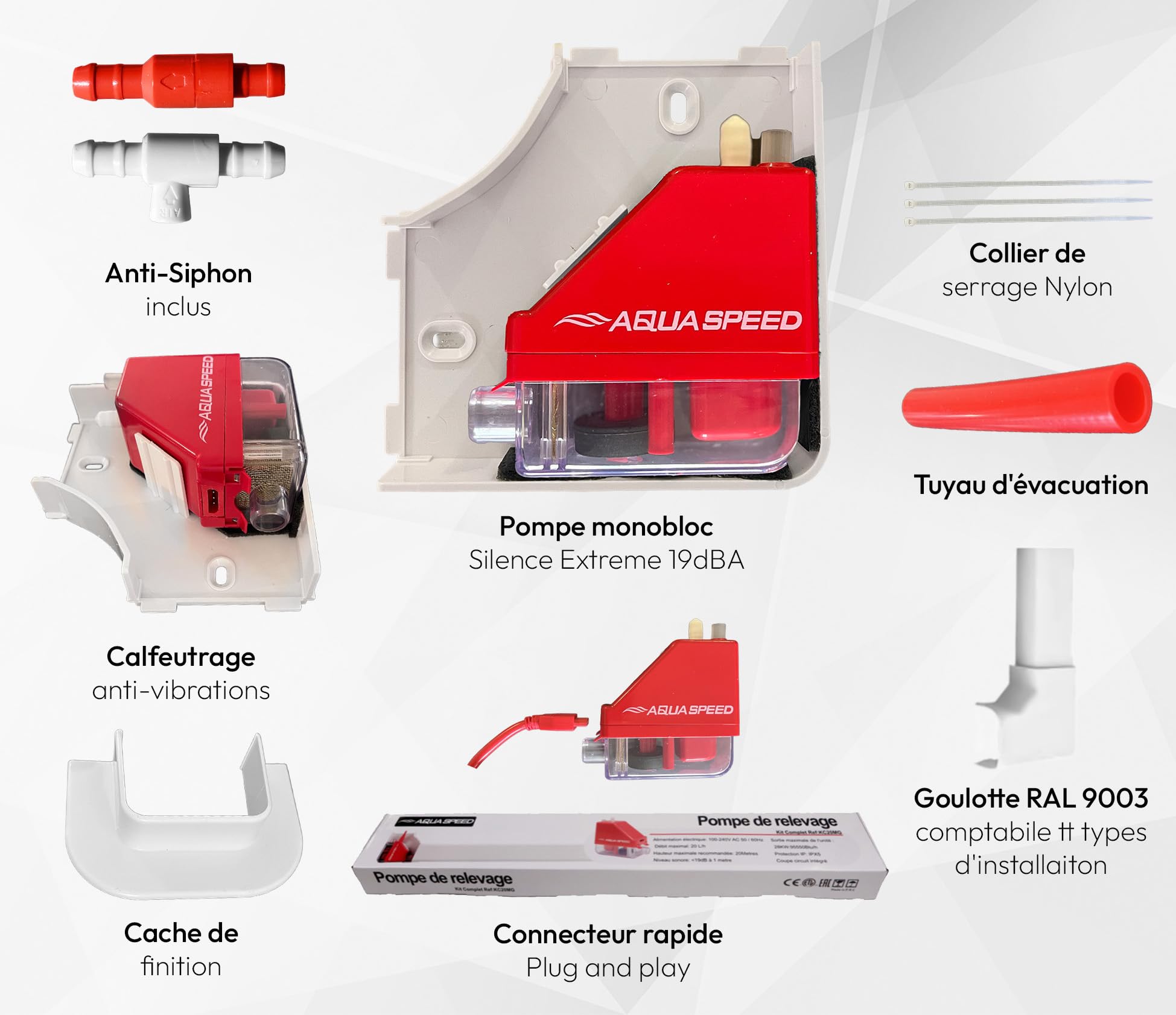 Pompe à Condensat Ultra Silencieuse – Kit Complet avec Goulotte – Relevage pour Climatisation jusqu’à 20kW – AquaSpeed