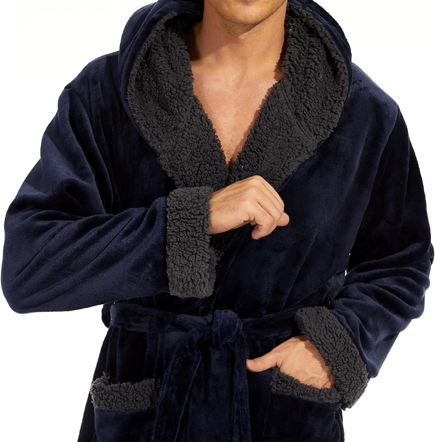 iniber Mens Hooded Robe, Soft Lightweight Plush Robes for Men, Warm Long Fleece Men's Bathrobe with Pockets - Image 4