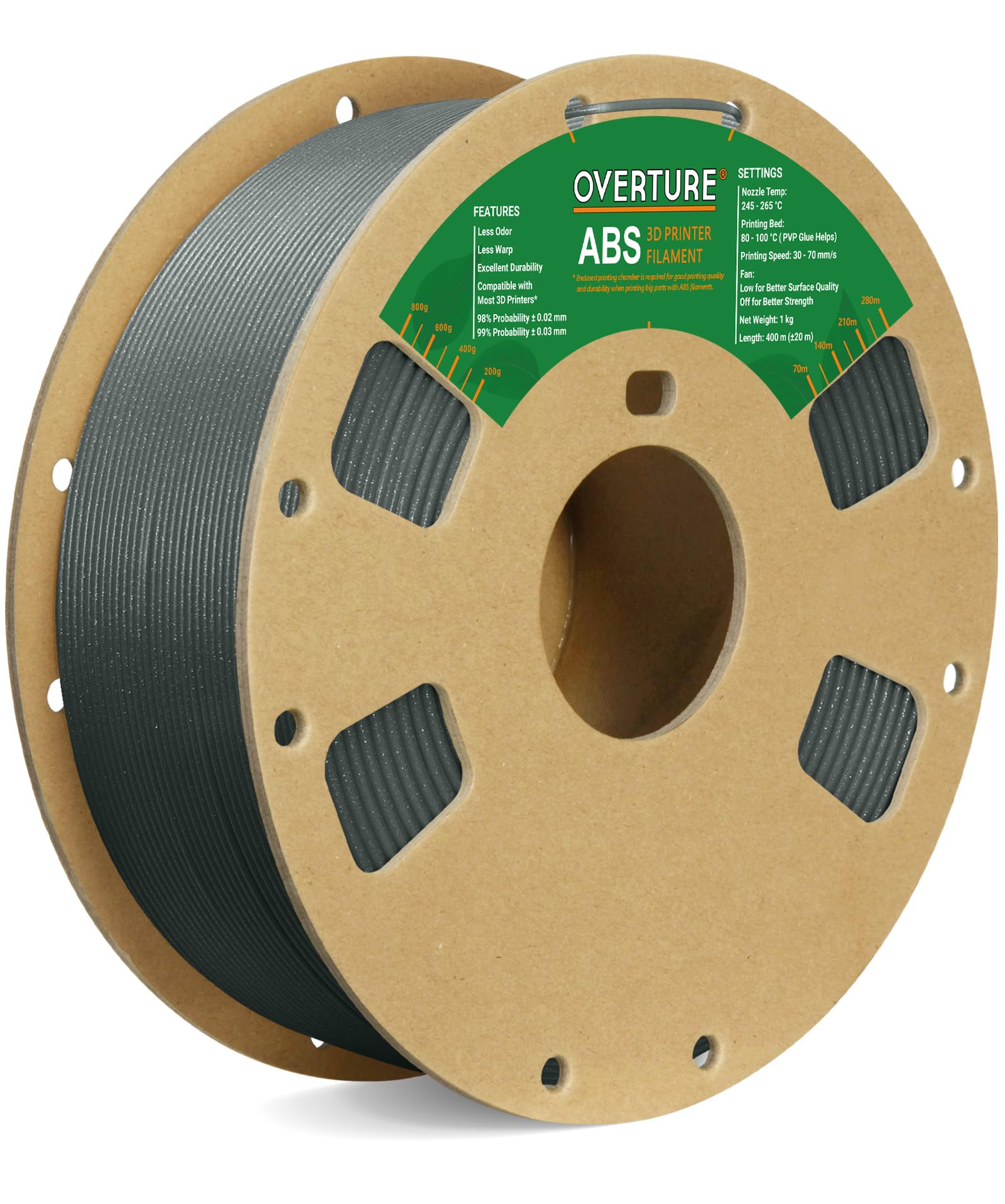 OVERTURE Filament ABS 1.75 mm, 1 kg Spool (2.2 lbs), Dimensional Accuracy +/- 0.03 mm, for 3D Printers (Diamond Grey)