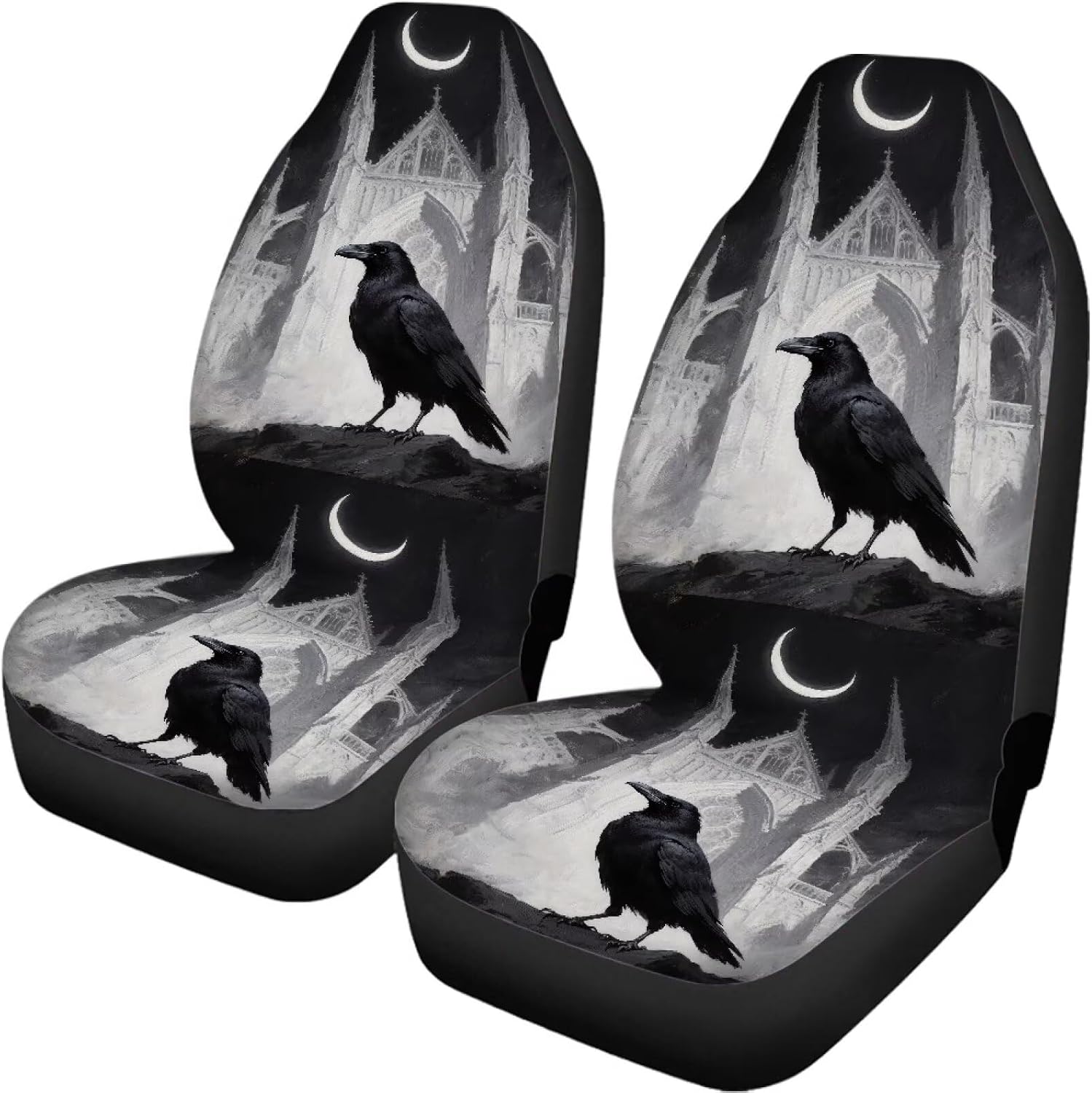 Raven Car Seat Covers Car Accessories for Women, Raven Crow Crescent Moon Auto Car Seat Covers Easy Install Automotive Seat Protectors, Gothic Castle Full Set Seat Cover
