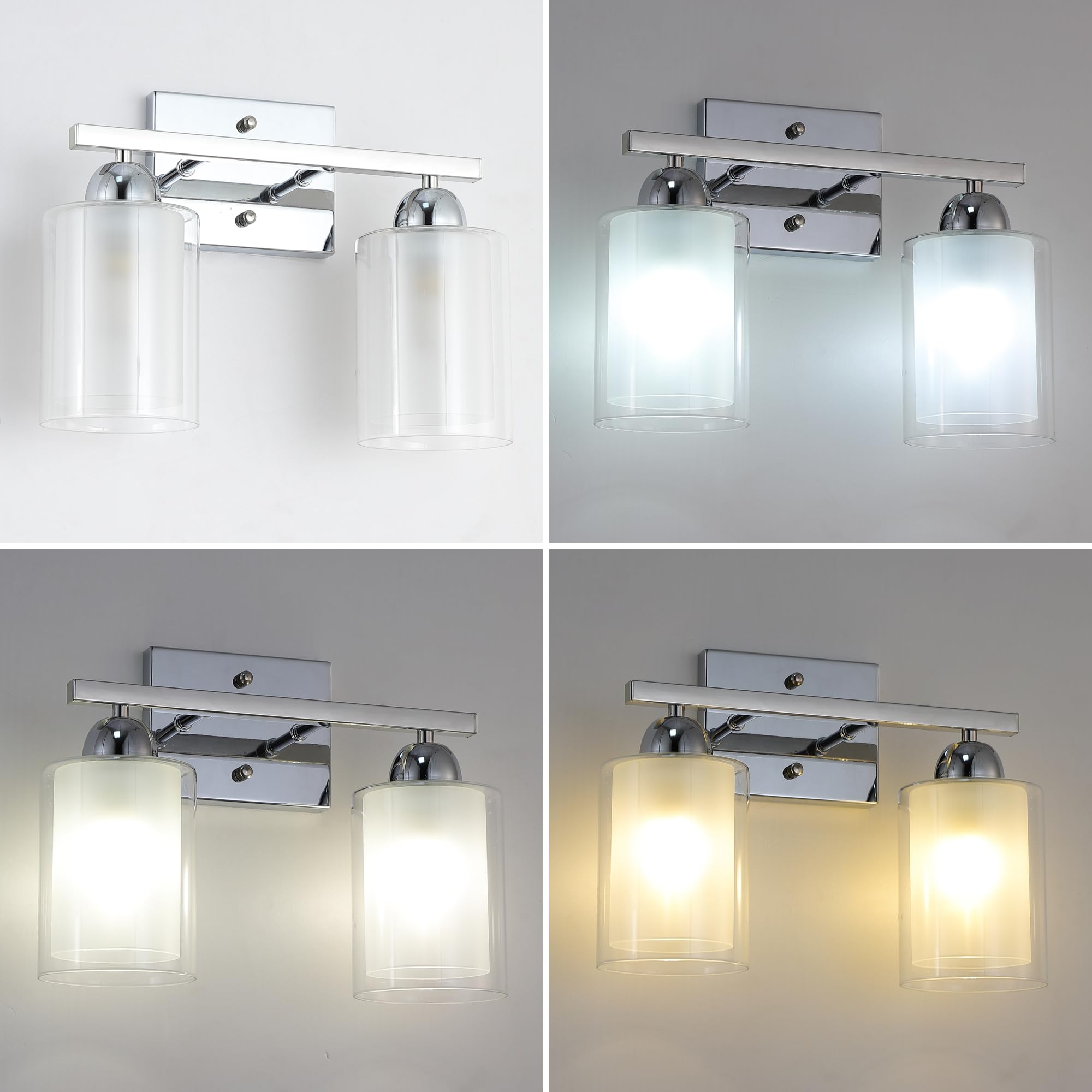 Mecgirn Stainless Steel Bathroom Vanity Light Over Mirror, 2 Light Silver Chrome Bathroom Light Fixtures with Clear Glass Shades and Milk Glass, Modern Vanity Lighting Wall Mount