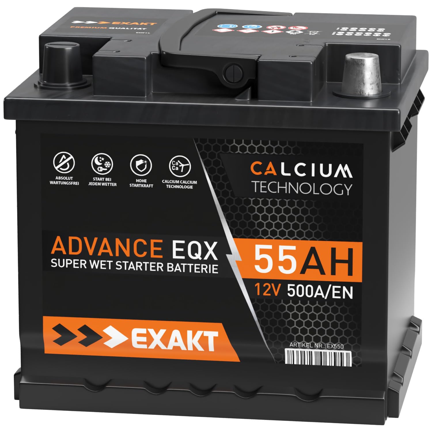 EXAKT Autobatterie 12V 55Ah Starterbatterie Auto Batterie ersetzt 54Ah