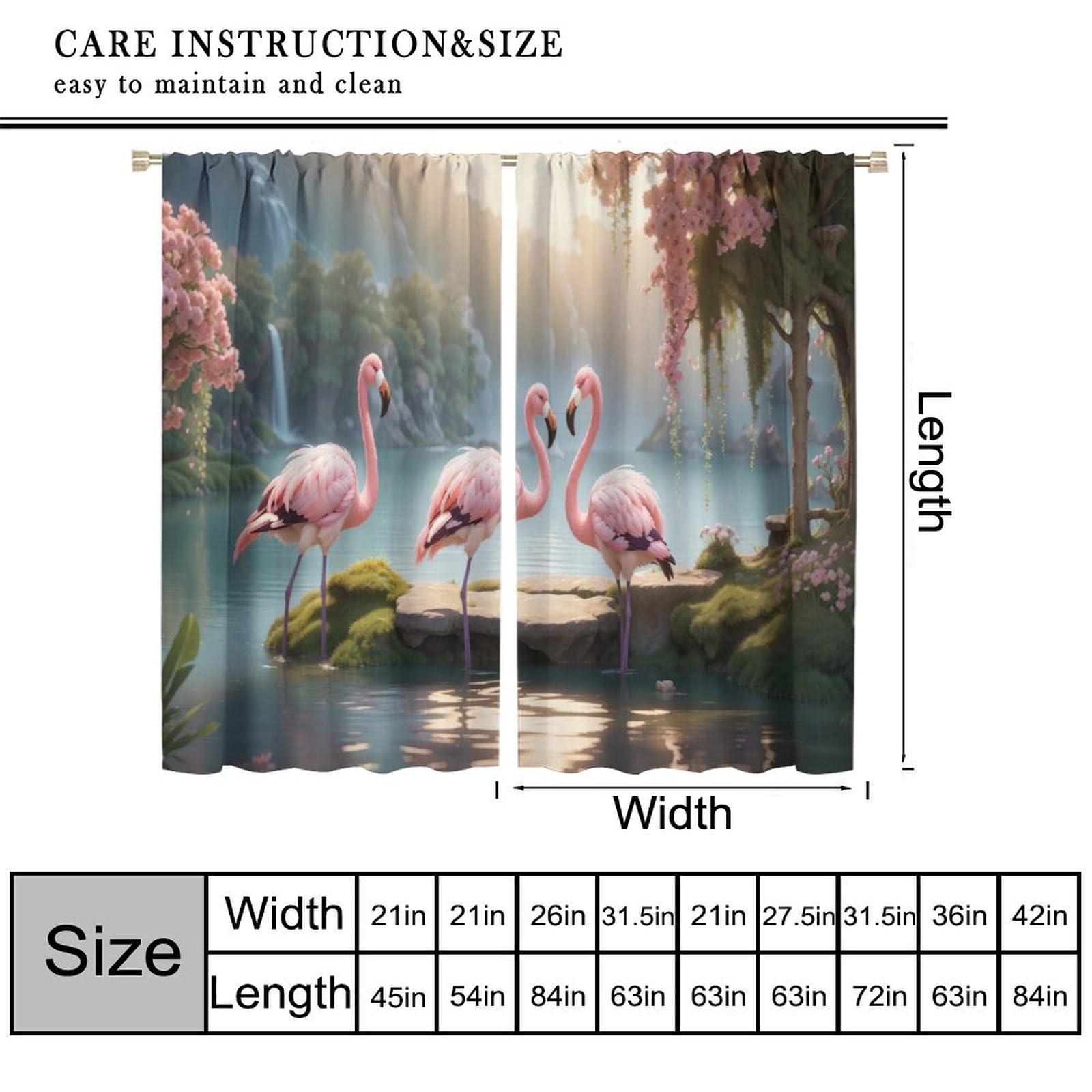 Flamingo Curtains, Natural Romantic Riverside Forest Scenery Pink Floral Bird Pattern Home Decor Window Treatments For Girl Woman, Blackout Rod Pocket Drapes for Living Room Bedroom Bathroom 63x63in