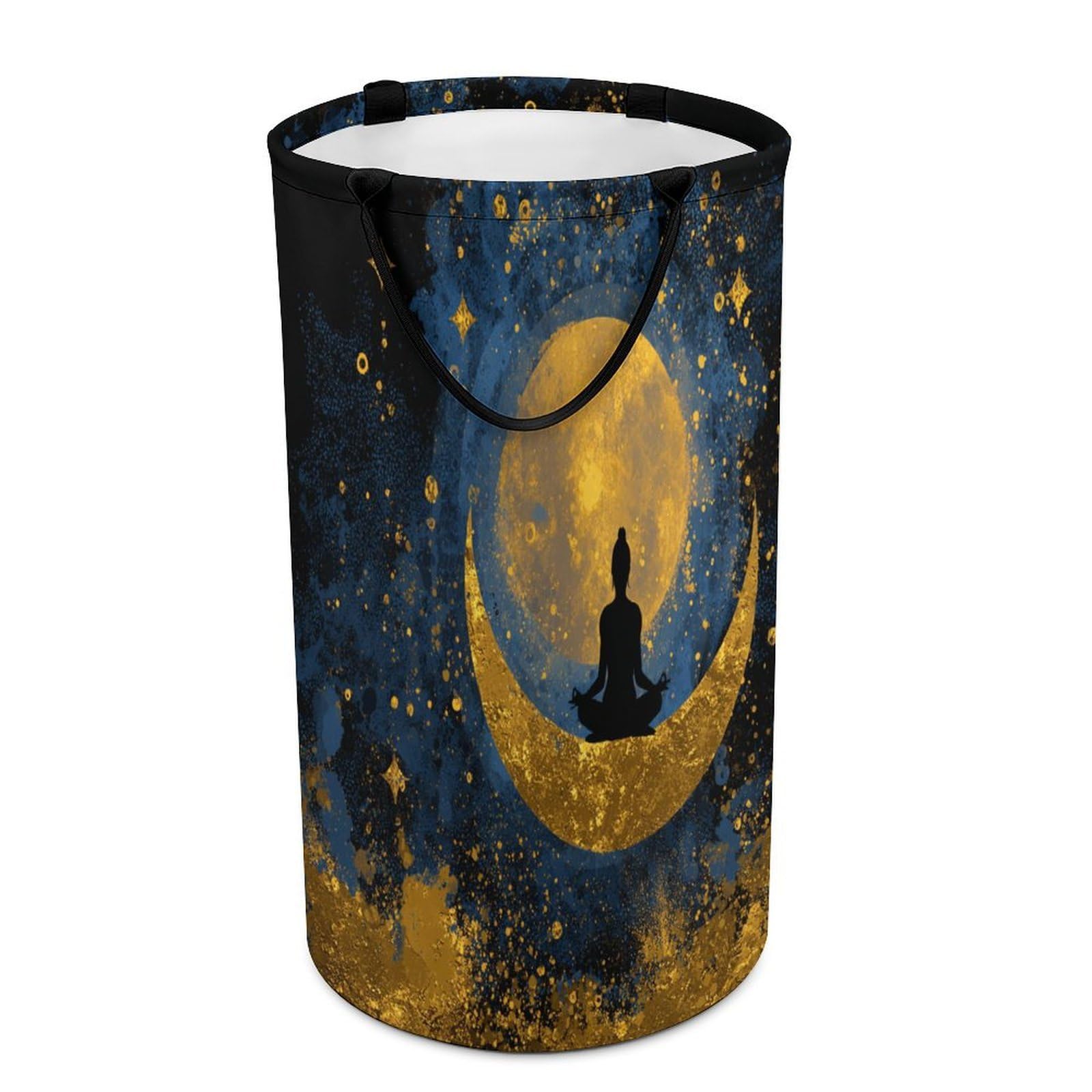 LUYYSKY Exotic Beautiful India Yoga Versatile Storage Laundry Basket, Classic Modern Full Moon Starry Sky Galaxy Yoga Blue Gold Pattern Large Bathroom Laundry Hamper With Handle-40 CM Dia, 69 CM High
