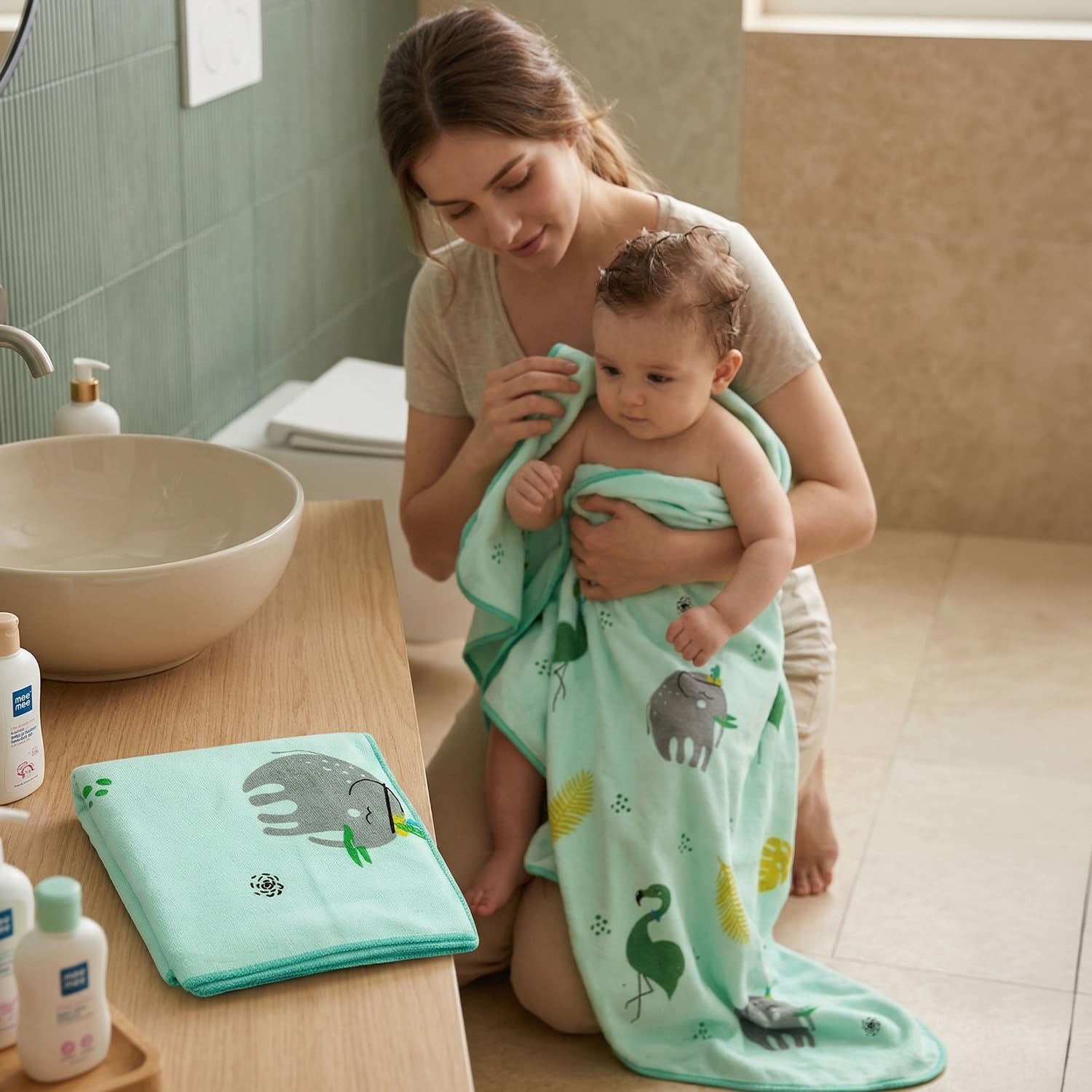 Mee Mee Micro Fiber Baby Bath Towel for New Born | Wash Cloth, Quick Absorbent, Extra Soft Cotton Towels for Kids/Toddlers/Infants/Babies, Pack of 1, Green 70X110 CM-picture-37