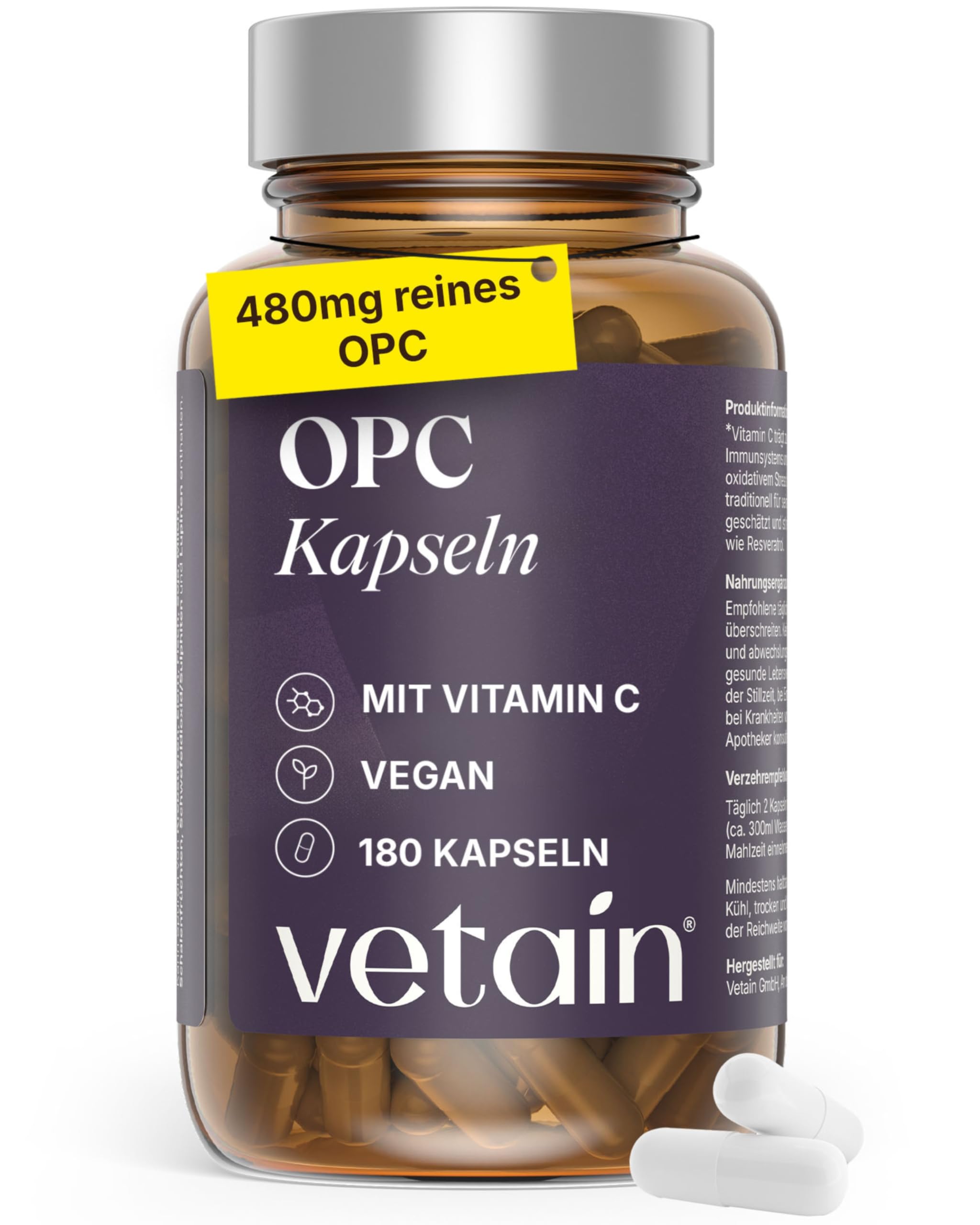 VETAIN OPC Traubenkernextrakt - 180 Kapseln - hochdosiert 800mg Extrakt mit Vitamin C & Resveratrol - HPLC laborgeprüft - aus französischen Trauben - vegan & produziert in Deutschland