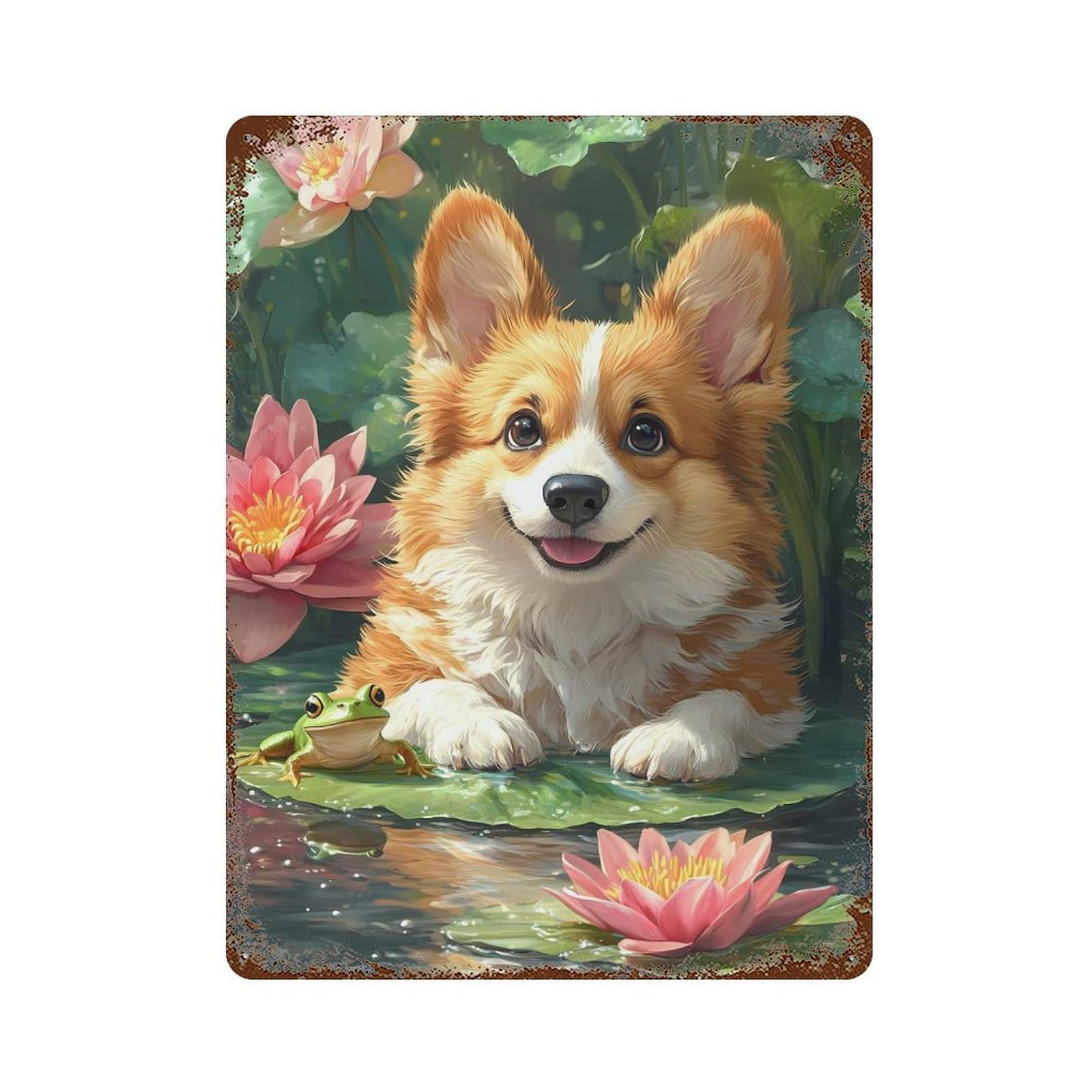 Corgi And Frog in Lily Pond Rust Effect Tin Sign 15.7"x11.8", Retro Wall Decor for Patio, Garden Room And Bar Decor