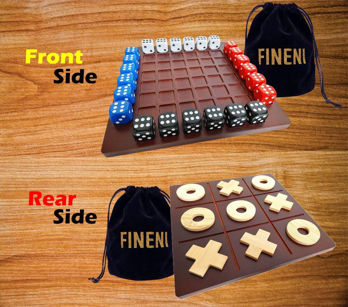 Dice Battle & TicTacToe Brettspiel-Set, langlebig, dunkel gefärbte Holz-Couchtischspiele für Erwachsene, Bar-Brettspiel, Indoor-Tischspiel und 2-4 Spieler, Holz-Tischplattenspiele (TDB-4BD)