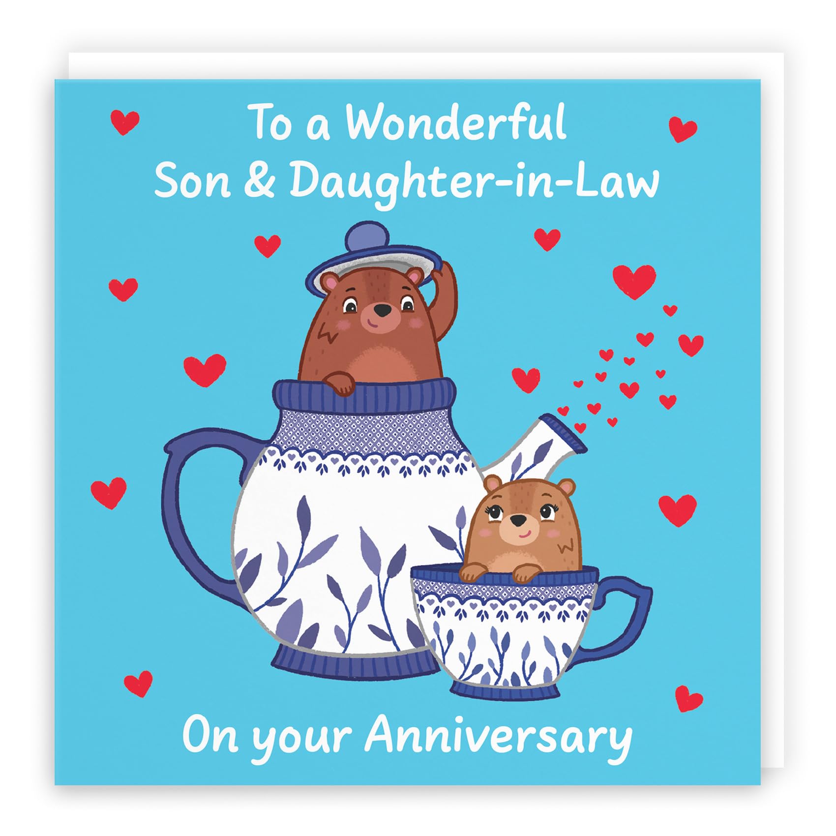 Hunts England, Cute Teapot Son And Daughter In Law Anniversary Card, Fun Bears Anniversary Card For Son And Daughter-in-Law