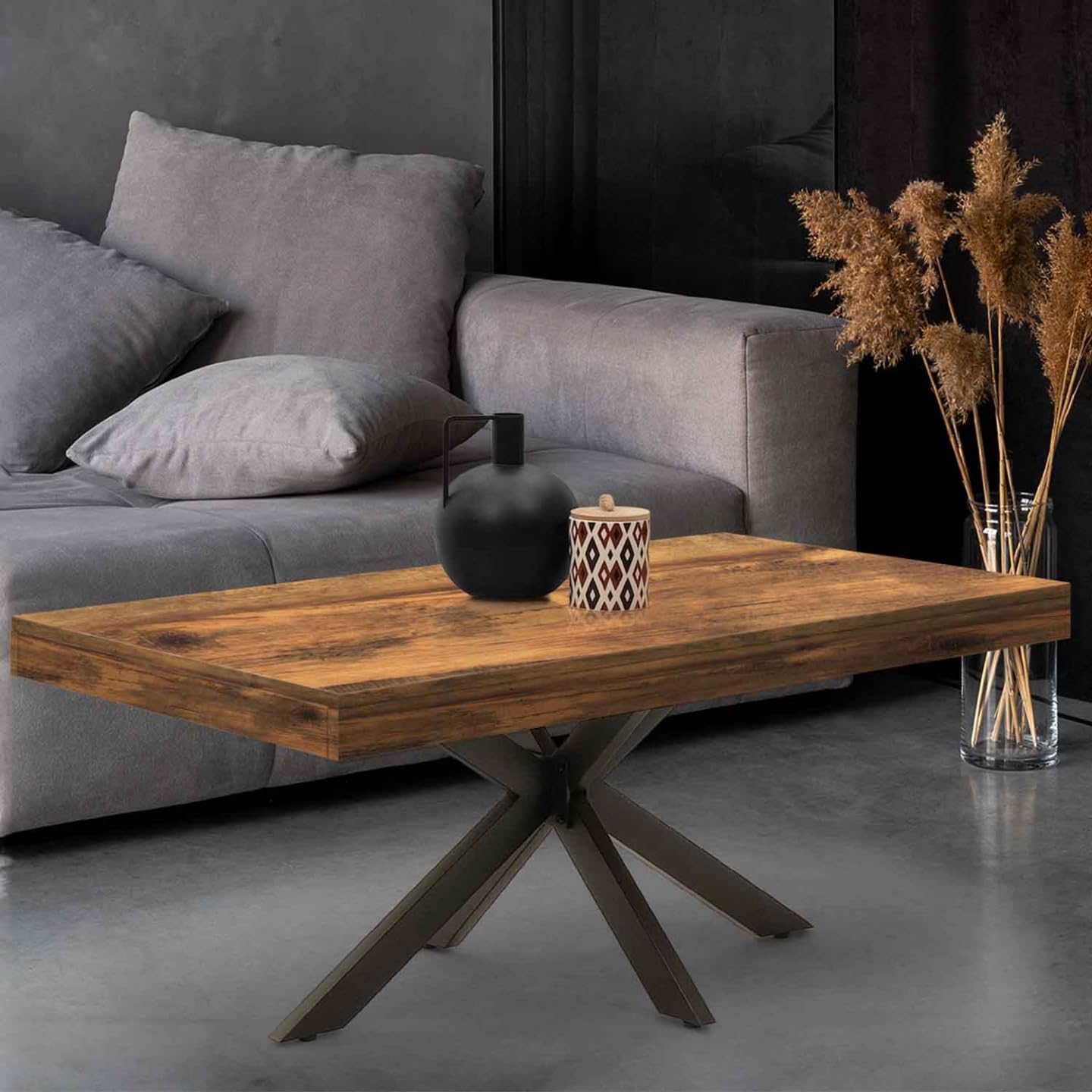 IDMarket - Mesa de centro rectangular Alix de 110 cm con pie de araña, madera oscura, color negro envejecido