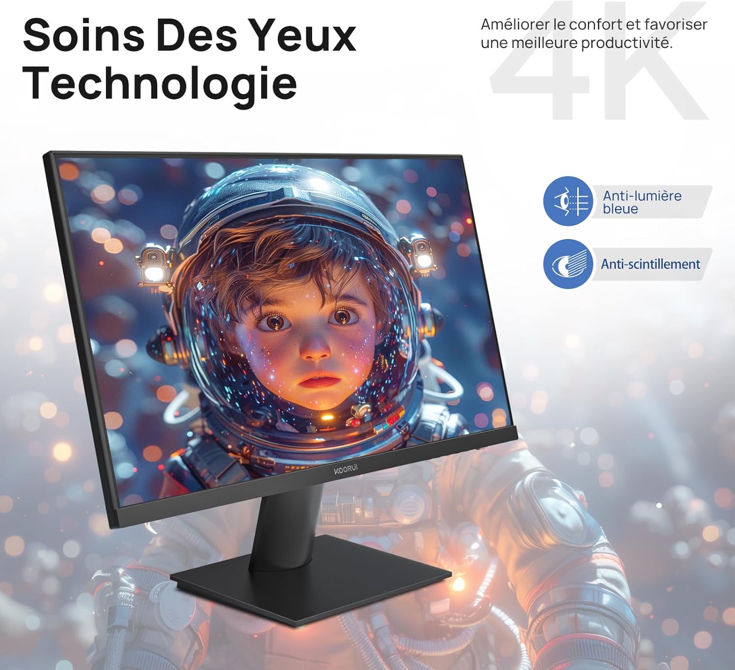 Image showing a child in an astronaut helmet, with icons indicating Anti-blue light and Anti-flicker features.