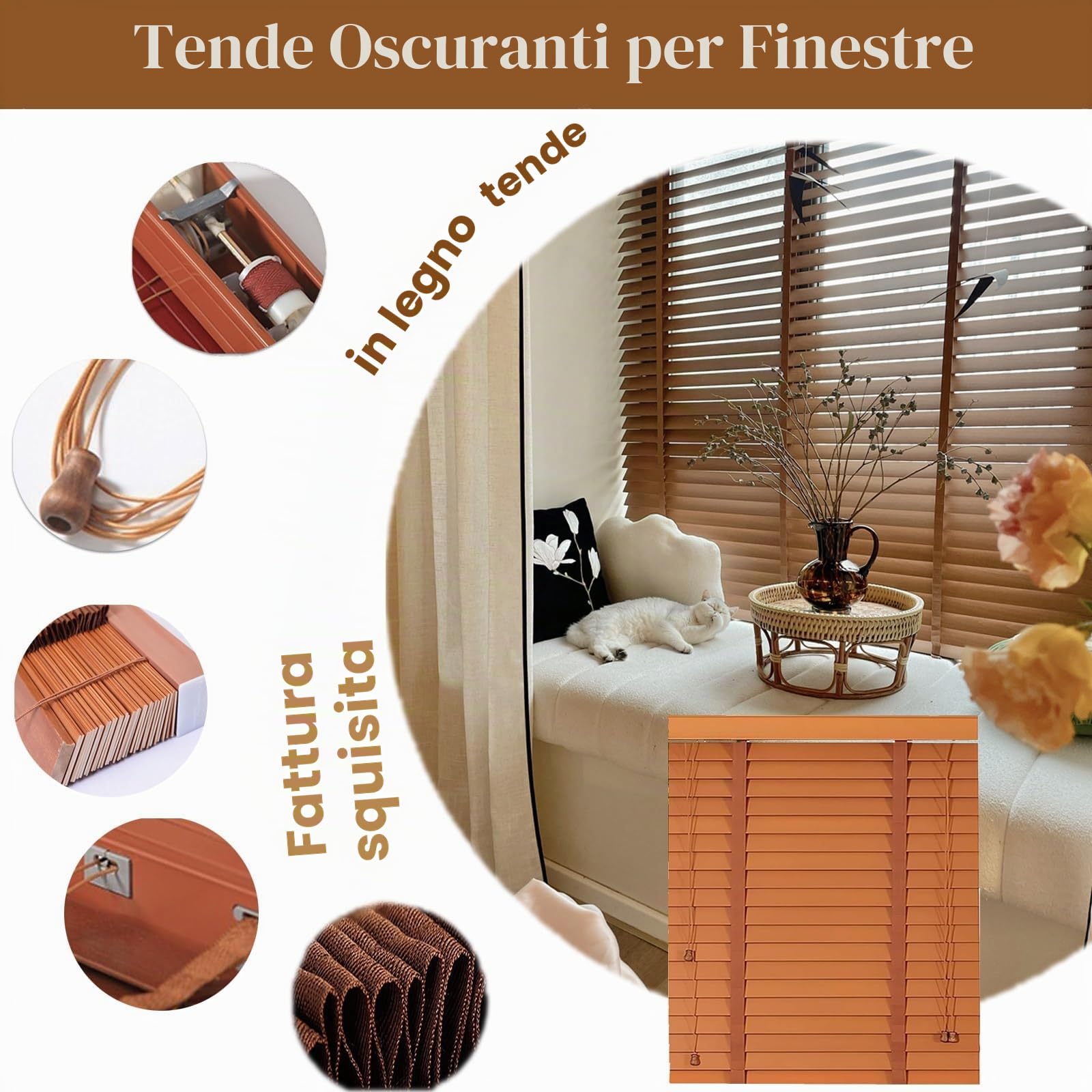 Tende Veneziane Legno 45cm 60cm 75cm 90cm 100cm 120cm, Veneziane Orizzontali per Interni/Esterno, Tende Veneziana Massiccio per Porte Finestre, Facili da Montare(marrone scuro)
