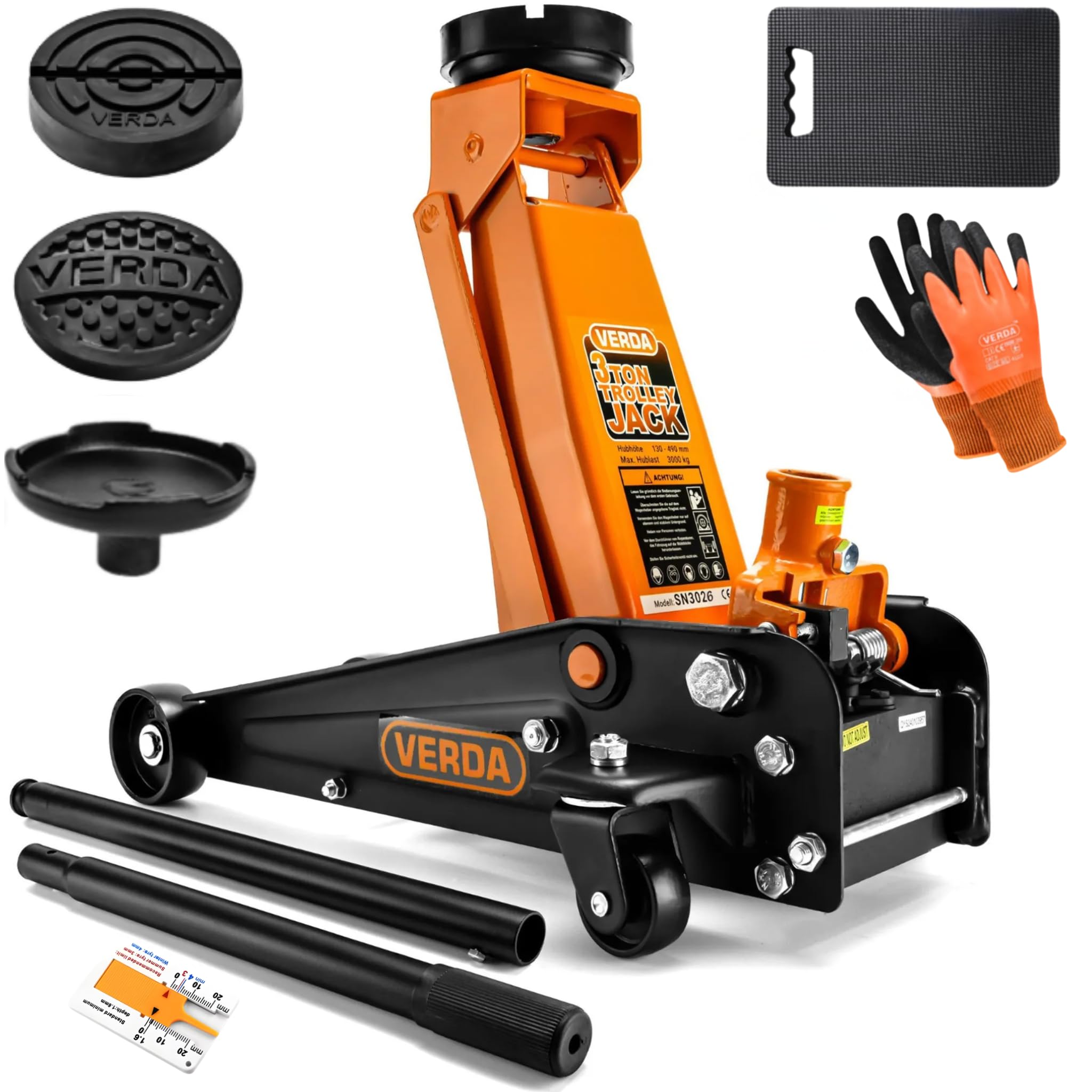 Gato hidráulico 3T con pedal + 2 x goma + guantes de montaje, altura de elevación 130 – 490 mm (gato hidráulico 3T)