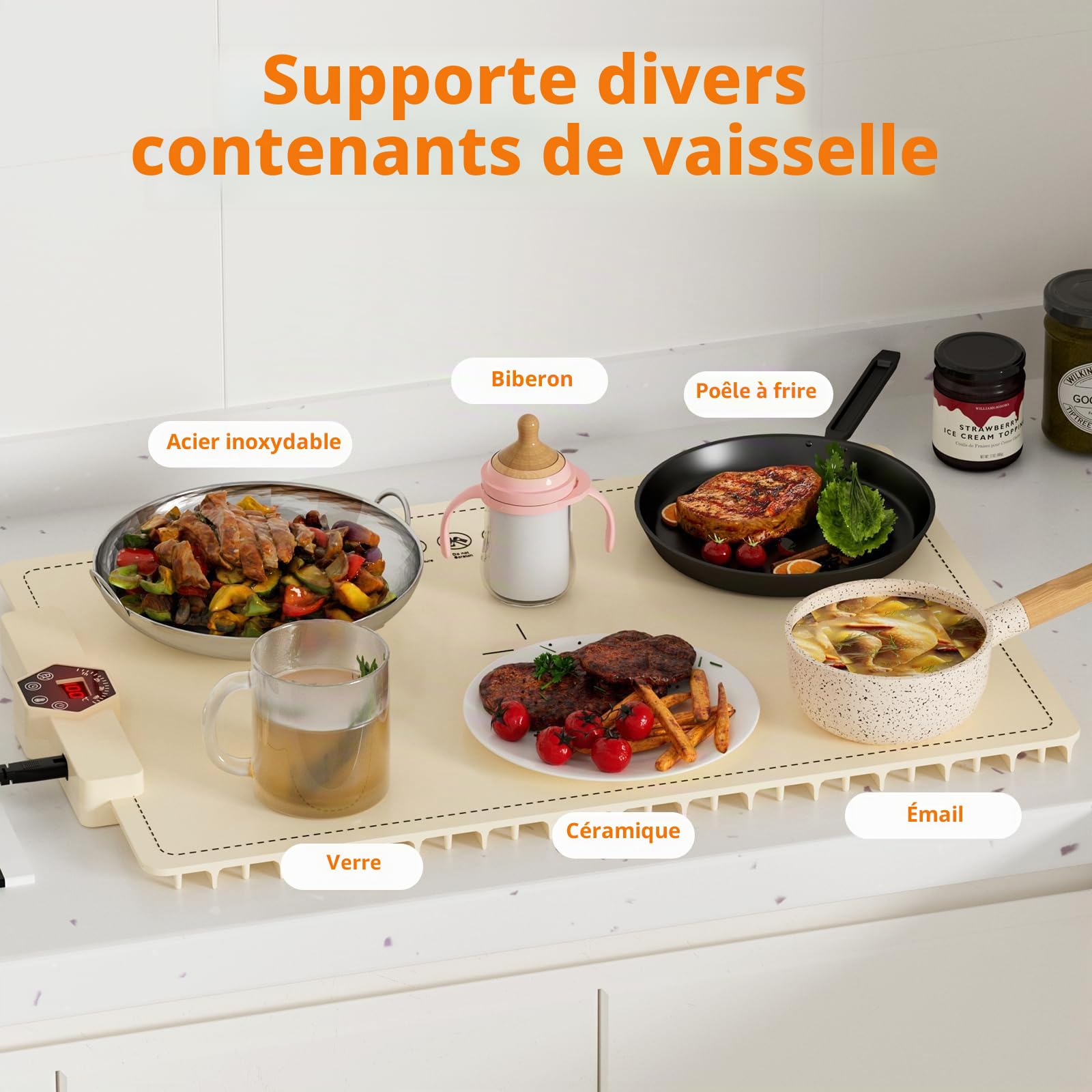 INNOWARMER Chauffe Plat Électrique, Plaque Chauffante Électrique Silicone Pliable Flexible, Plaque Chauffante avec 5 Température Réglable et Minuteur, Chauffe Plat pour Buffet Fête Familiale (Blanc)