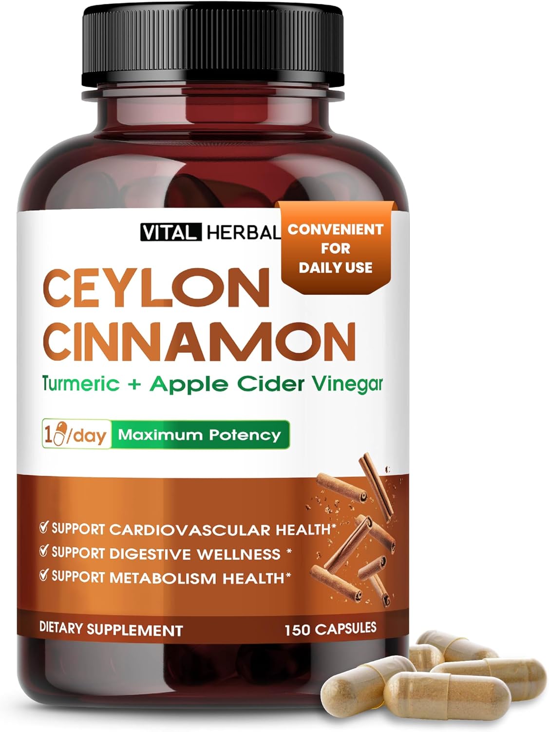 Vital Herbal Ceylon Cinnamon 13-in-1 with Apple Cider Vinegar, 150 Capsules