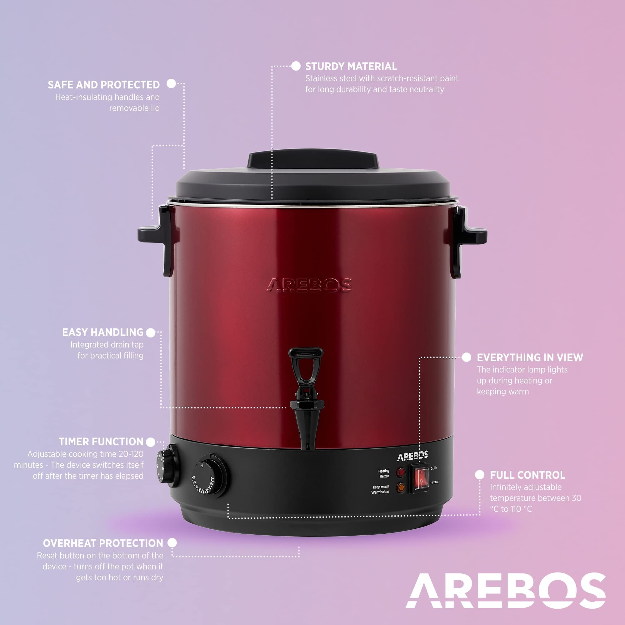 Areobos Automatische snelkookpan, 1800 W, braadpan 28 l, met timer, thermostaat en bescherming, instelbaar van 30 tot 110 °C, glühwein-kookplaat, schep en trechter, rood