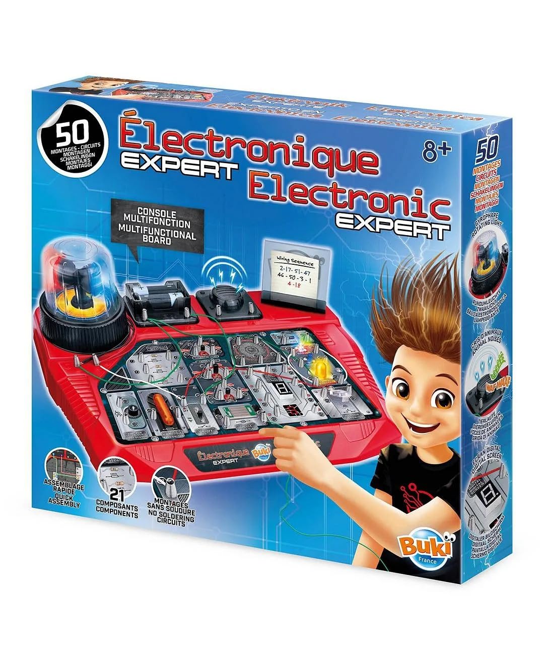 Buki France 7160 Electronic Expert. Children's Electric Circuit Experiments. STEM Toy with 50 Experiments. Includes resistors, diodes, switches, rotating lights, LEDs and more. Science Kit for kids 8+