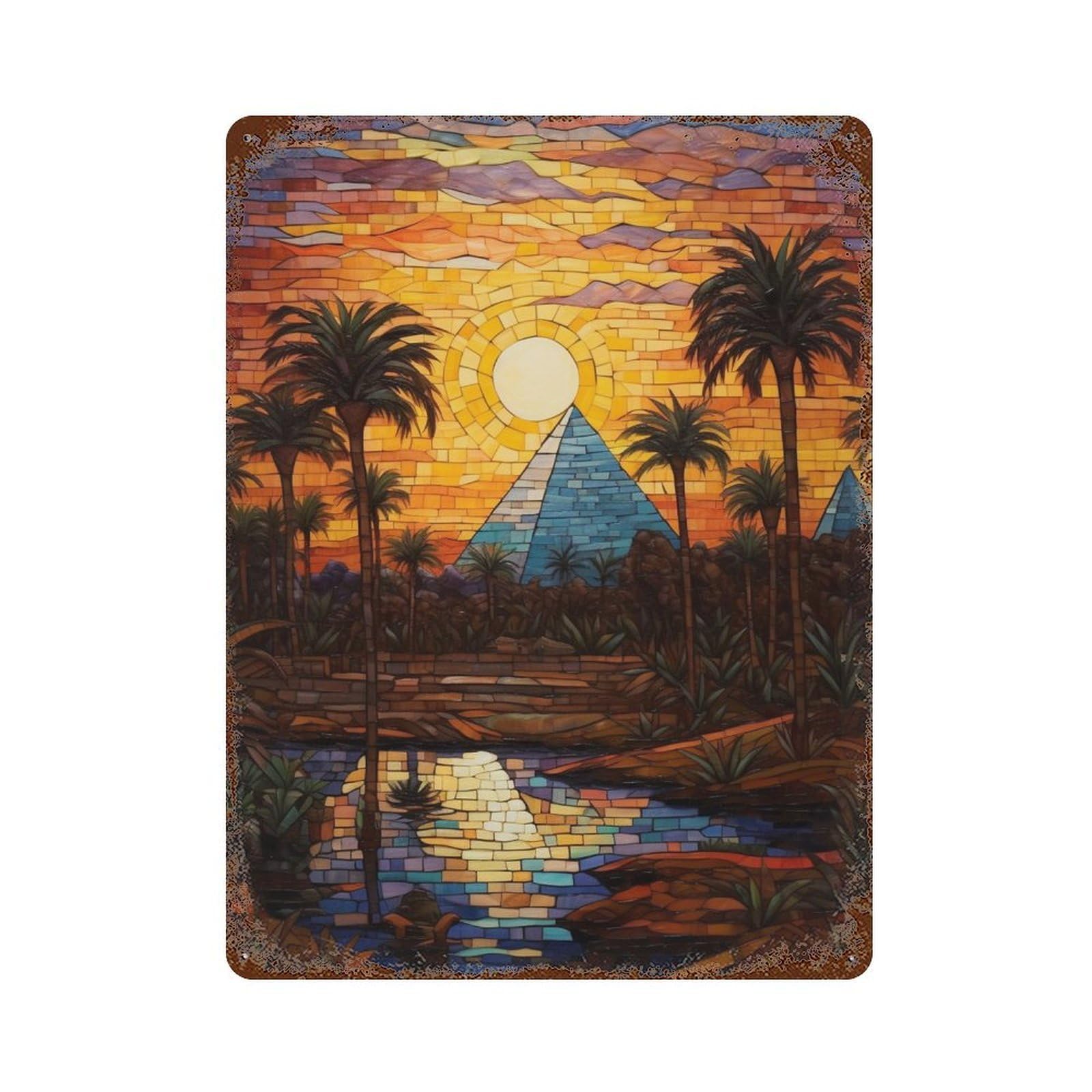 Garage Style Stained Glass Desert Sunset-1 Rust Effect Tin Sign 15.7"x11.8", Classic Wall Plaque for Bar And Workshop