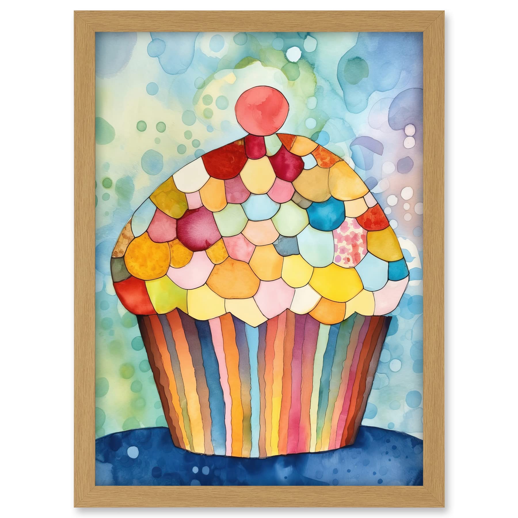 Artery8 Rainbow Pattern Cupcake Folk Art Watercolour Painting Artwork Framed A3 Wall Art Print