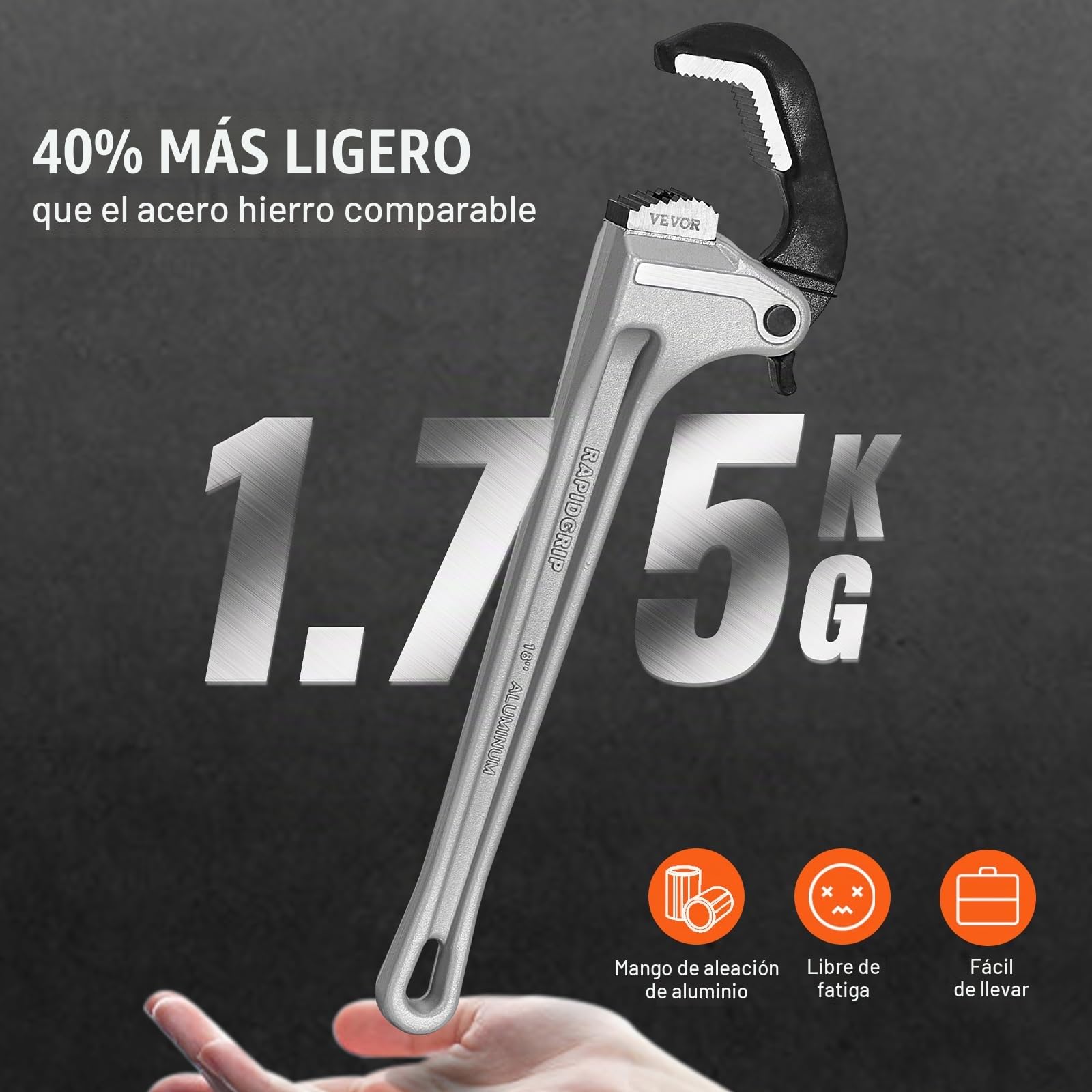 VEVOR Llave para Tubo Recto de Aluminio 457,2mm Llave para Plomería Ajustable con Mandíbula de Alta Resistencia Mango Ergonómico Fácil de Transportar para Tuberías de Agua, Reparaciones de Automóviles
