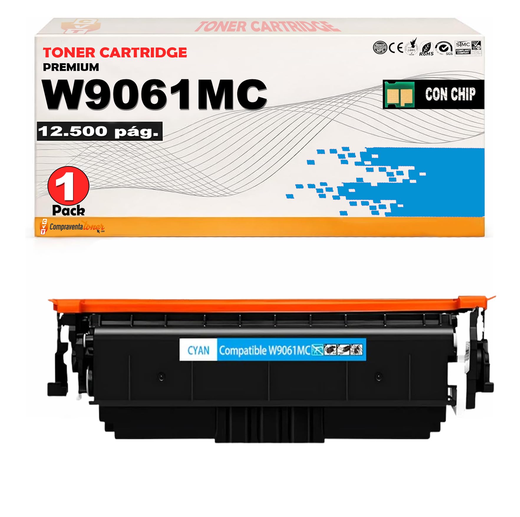 CVT - Toner Compatible W9061MC Cyan para Uso en HP Color LaserJet Managed E55040, E57540dn, E57540c