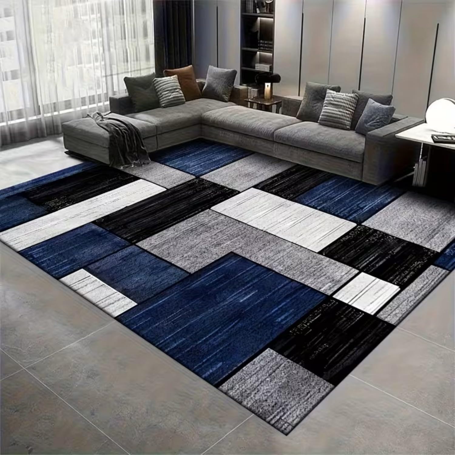 SOJAWA Navy Blue Grey Geometric Patchwork Area Rug 150x230cm, Black White Modern Industrial Living Room Rugs, Washable Non Slip Low Pile Stain Resistant Rug for Bedroom Home Office