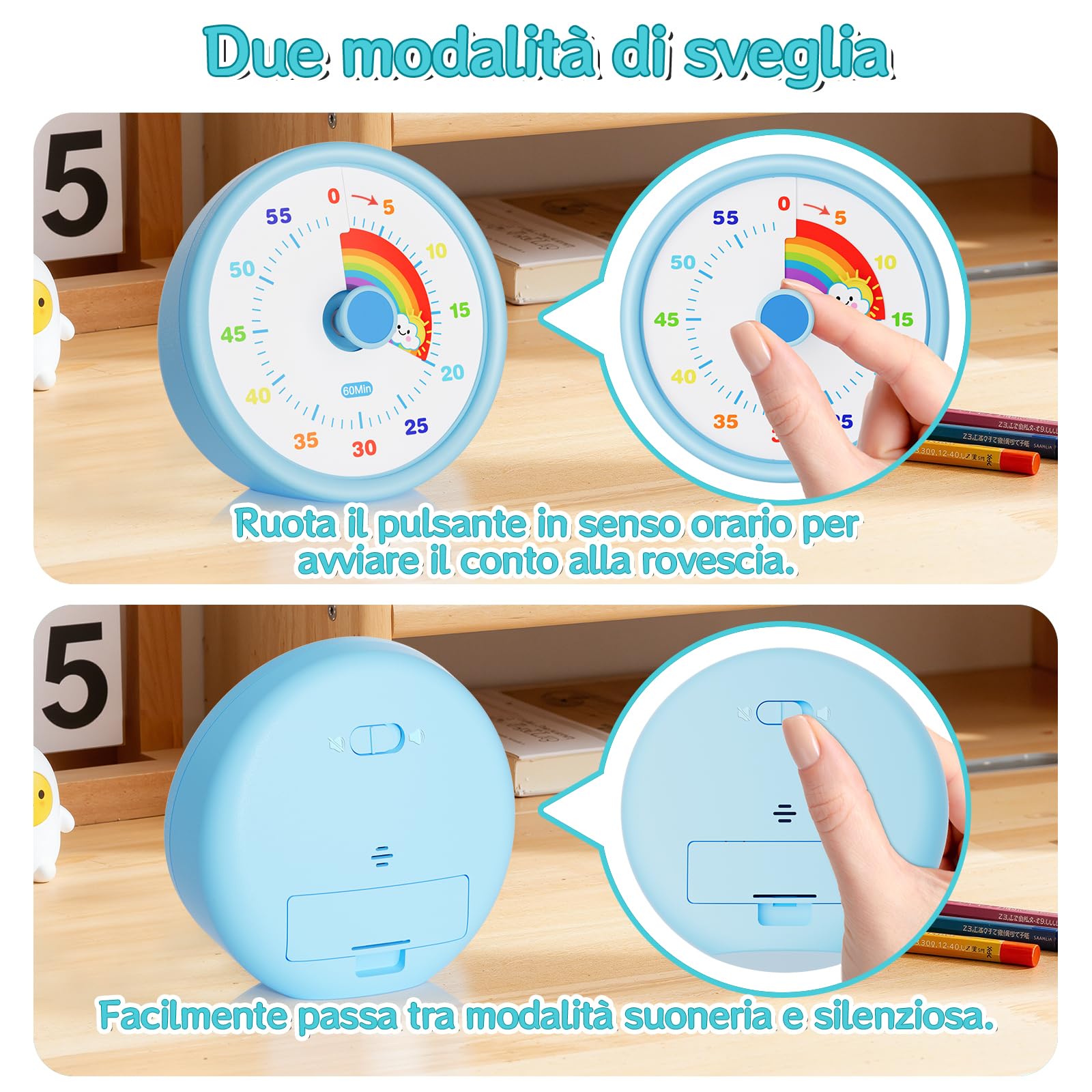 Timer Visivo per Bambini 60 Minuti - Orologio Conto alla Rovescia Silenzioso con Arcobaleno - Gestione Tempo per ADHD, Studio e Scuola (Blu)