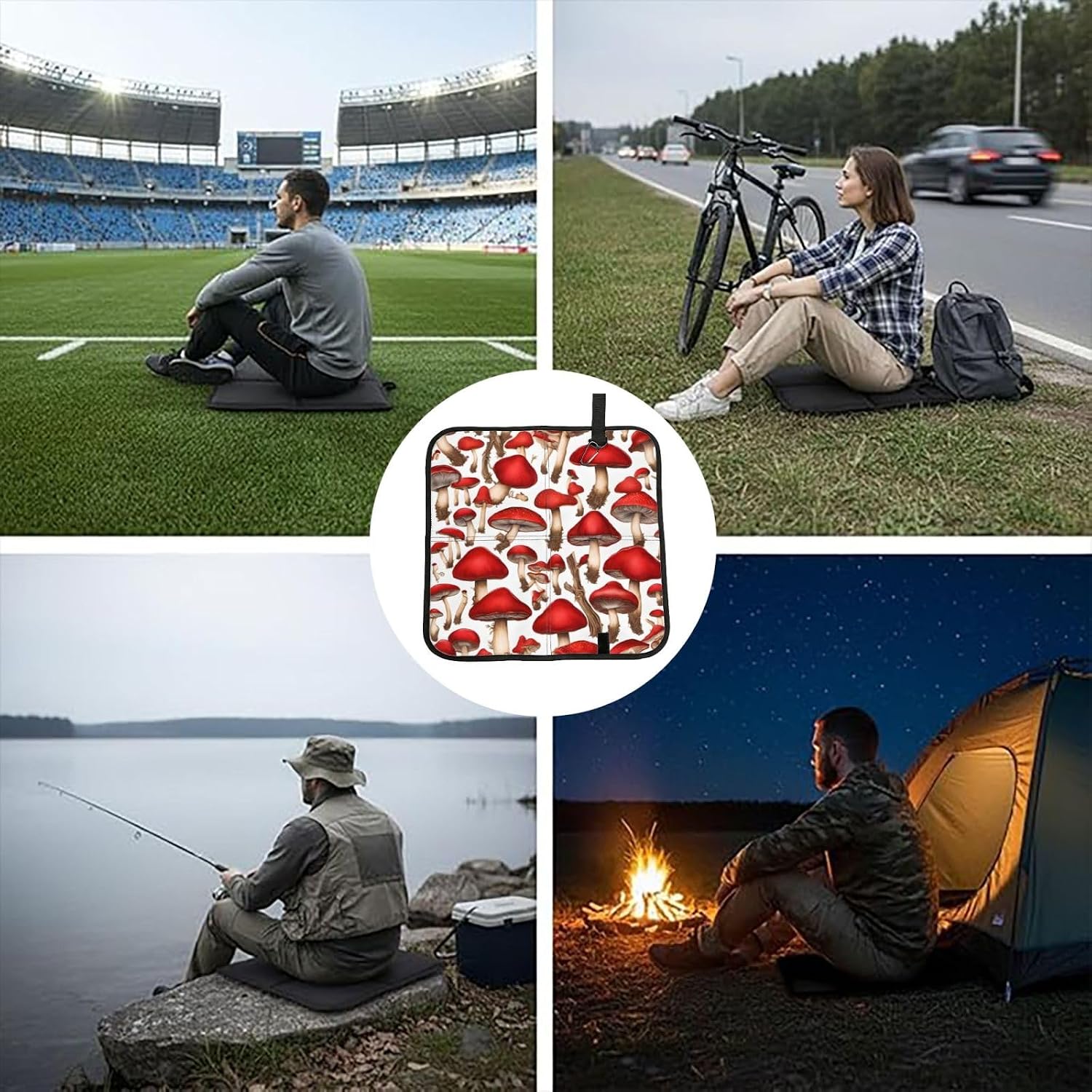(Red White Mushroom) Sitting Pad Foldable Seat Cushion Lightweight Camping Seat Mat with Hook for Outdoor Hiking Picnic Camping
