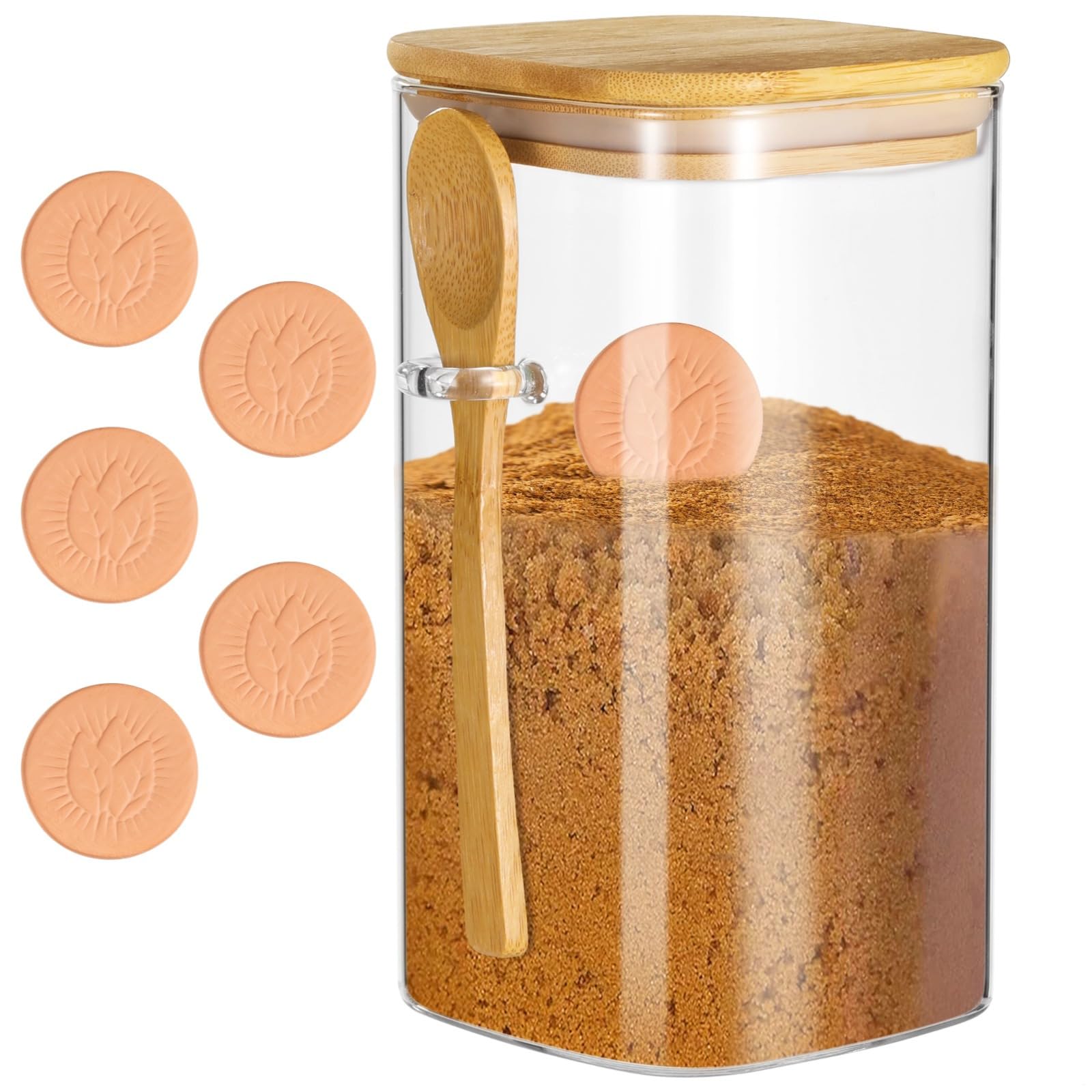 SWEWARM Premium Brown Sugar Keeper with 5 Terra Cotta Savers - 50oz Airtight Glass Storage Jar with Wooden Lid & Spoon