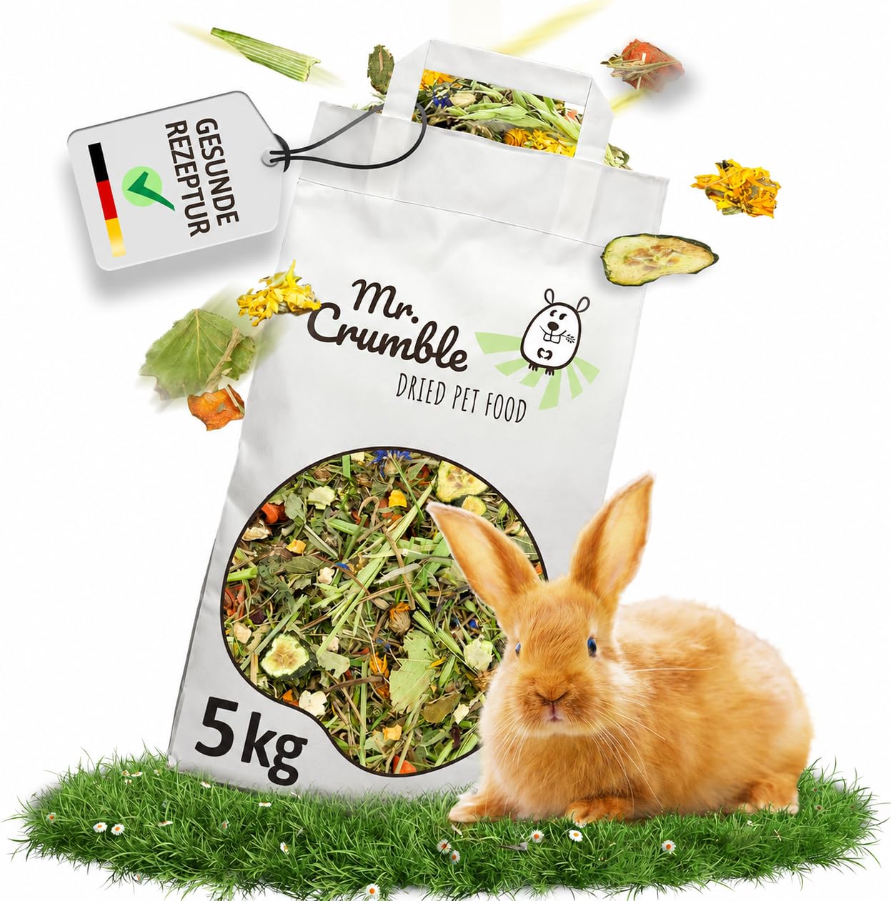 Mr. Crumble Mümmel-Mix Kaninchenfutter 5 kg – getreidefreies Kaninchen Hauptfutter für Zwergkaninchen – ohne Pellets, mit Kräutern, Gemüse, Blüten & Saaten – strukturreiches Trockenfutter
