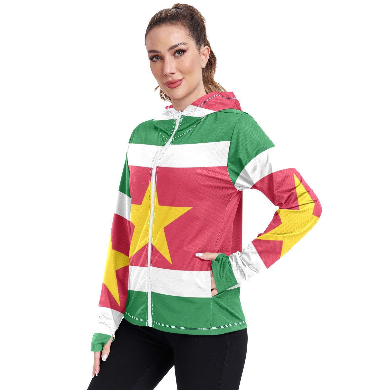 Suriname Flag Womens UPF 50+ Sun Protection Hoodie Jacket Lightweight Long Sleeve Sun Shirt with Pocket Multicoloured