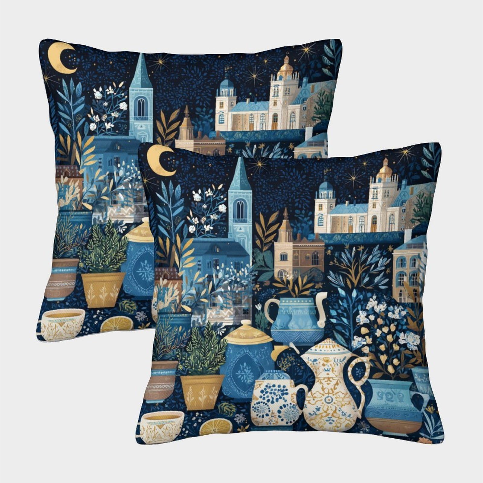 kaiyun 2 Pack British Style Illustration on Pottery Theme Pillow Case Home Decoration Sofa Cushion Cover 40x40cm