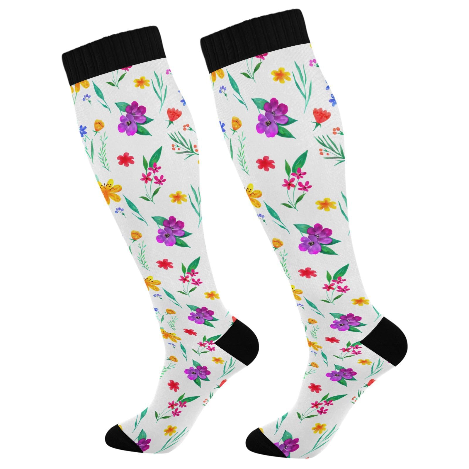 Wassud Watercolor Flowers Compression Socks for Women and Men 20-30 mmHg Knee High Socks for Nurses Travel Socks 2 Pair