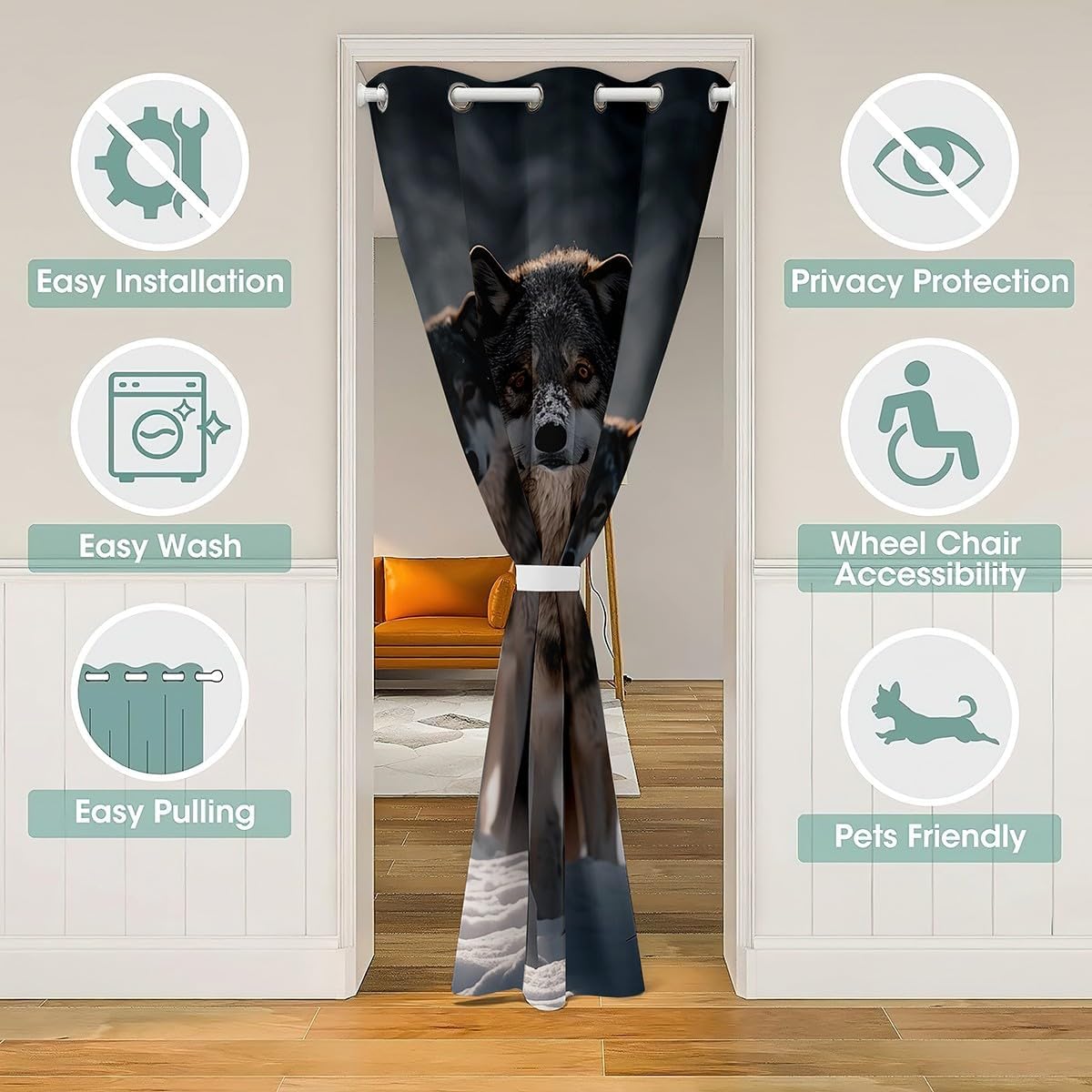 Feelyou Gray Wolf Door Cover Curtain 1 Panel, 34"x80" Dreamcatcher Doorway Curtain Privacy Wolves Howling 30%-50% Room Darkening Blackout Curtain Animal Wolves Window Treatments Mountain Moon Wolf