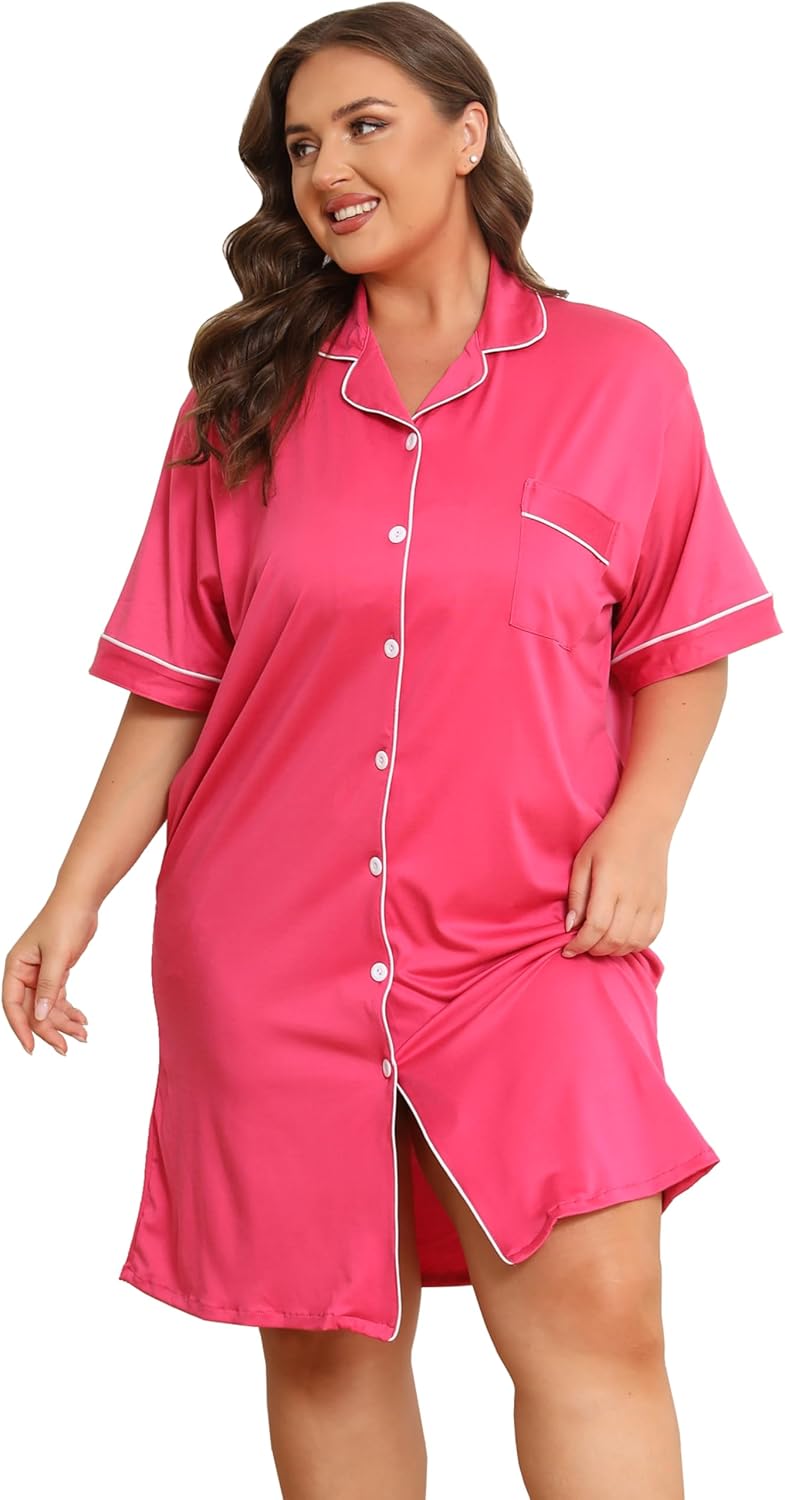 Vozanet Women Button Down Nightgown Plus Size Nursing Nightshirt Boyfriend Nighty Bridal Sleepdress with Pockets XL-5XL