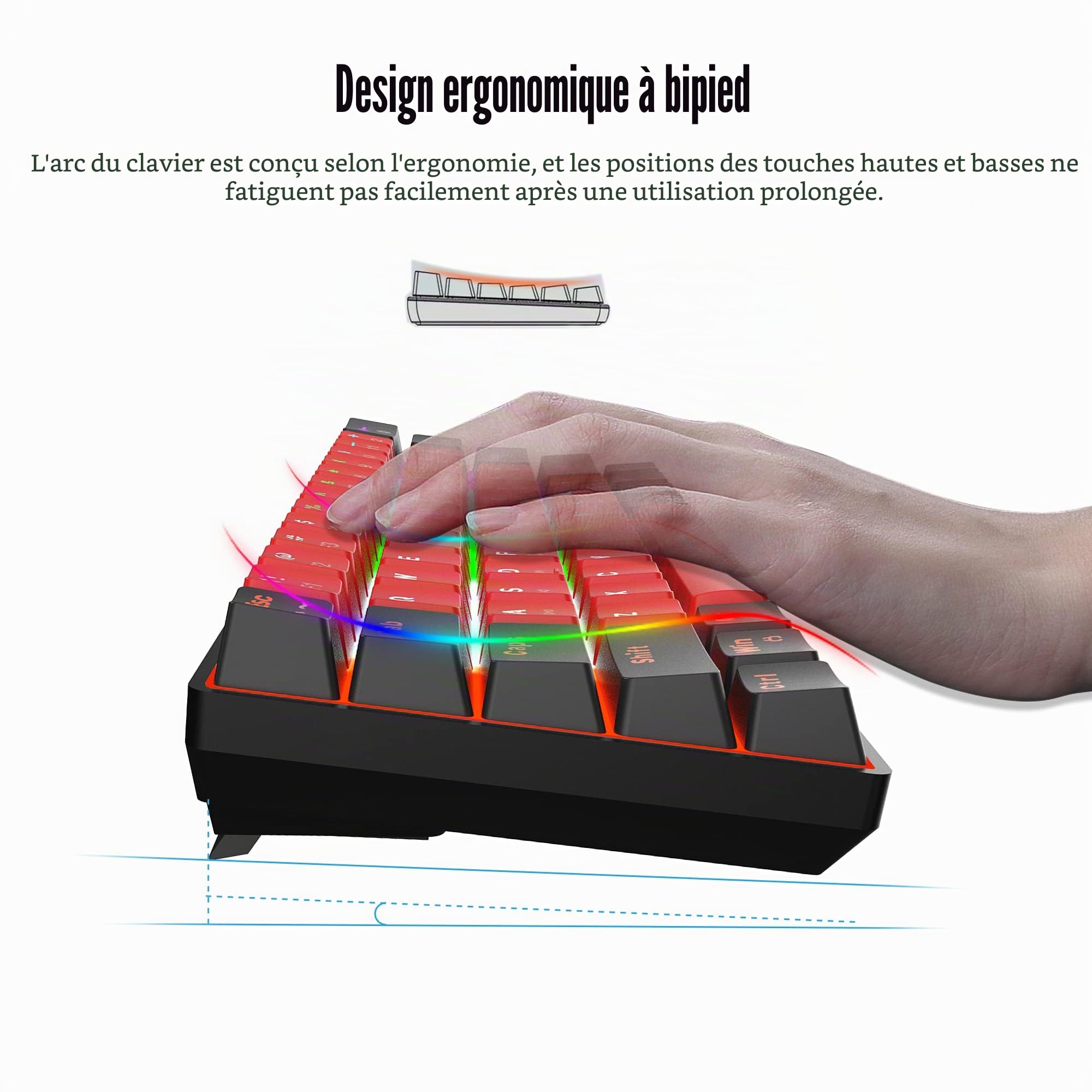 Snpurdiri Clavier de jeu mécanique filaire 60% 61 touches anti-ghosting, rétroéclairage RGB, ultra-compact avec deux supports (commutateur bleu/noir rouge)