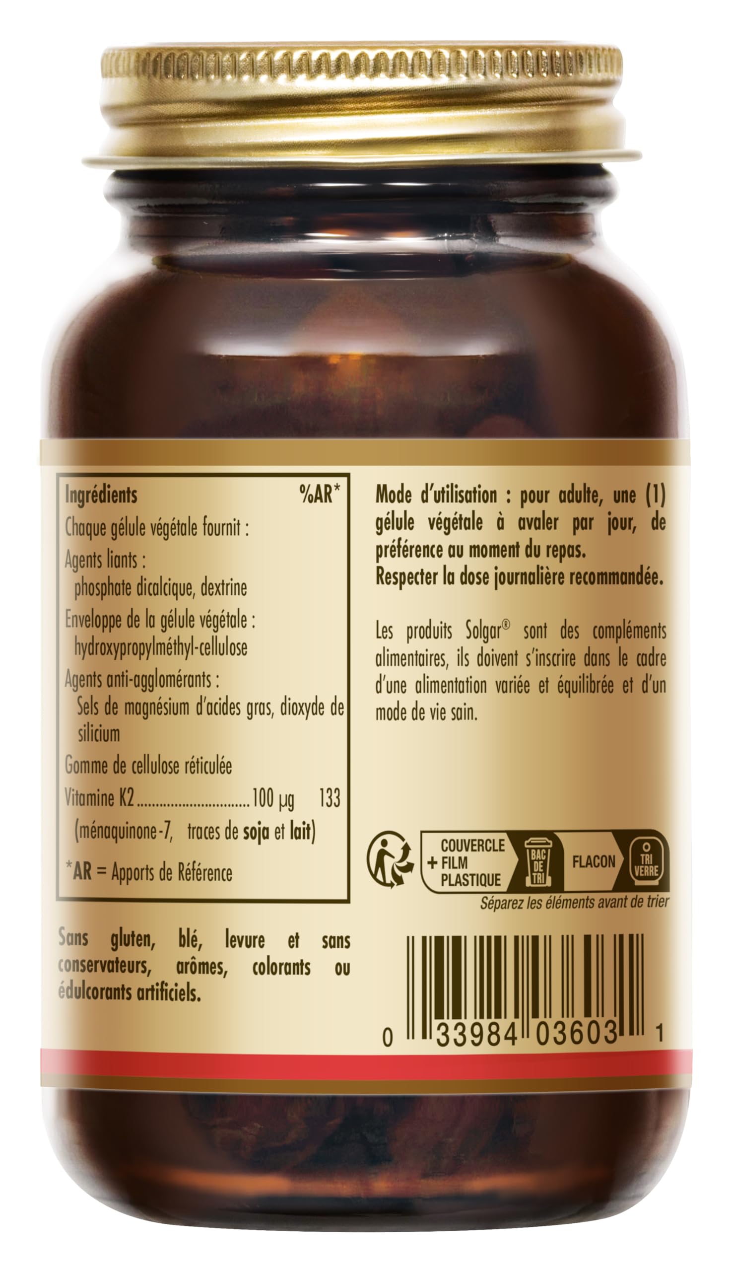 Solgar Vitamine K2 MK‑7 100 µg - Maintien de l’Ossature - MK-7 Forme Efficace de Vitamine K - Hautement Assimilable - Santé Osseuse - Complément Alimentaire - Flacon de 50 gélules végétales