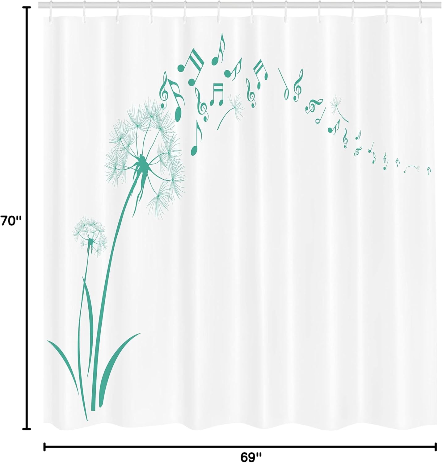 Ambesonne Music Shower Curtain, Flying Dandelions Notes Summer Spring Meadow Silhouette Softness Simple Print, Cloth Fabric Bathroom Decor Set with Hooks, 69" W x 70" L, Dark Seafoam