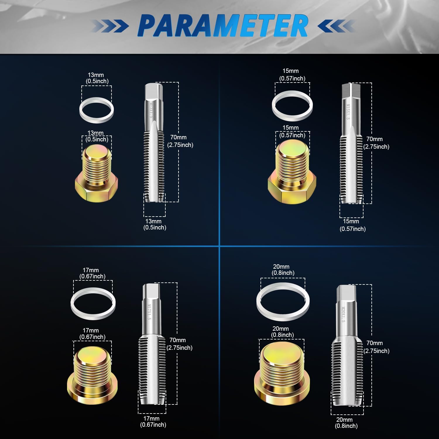 YSTOOL 64pcs Oil Drain Plug Repair Kit in M13 M15 M17 M20 Sizes, Metric Oil Drain Pan Thread Repair Kit, Drain Pan Automotive Rethreading Tools Kit with 4 Taps Asorted Sump Plugs, Copper Washers