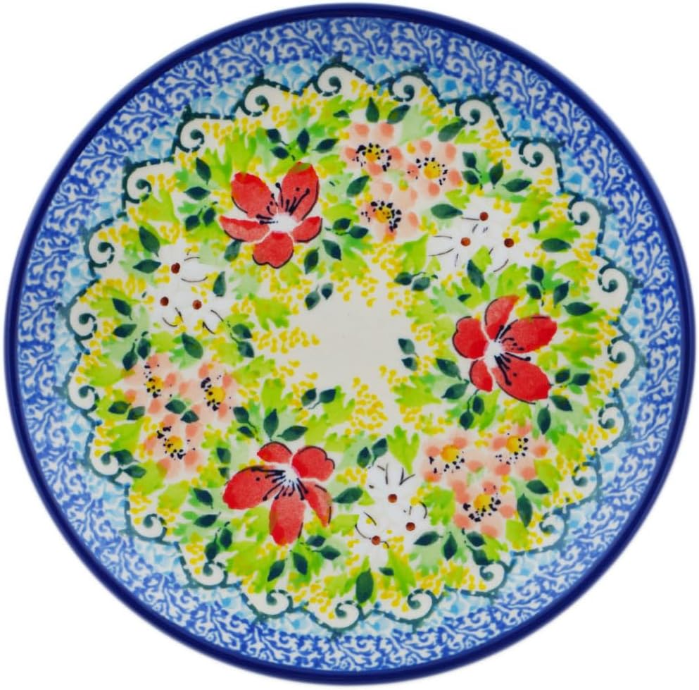 Polmedia Polish Pottery Toast Plate - Red Poppy Chain Pattern Handmade in Boleslawiec Poland by Ceramika Artystyczna + Certificate of Authenticity