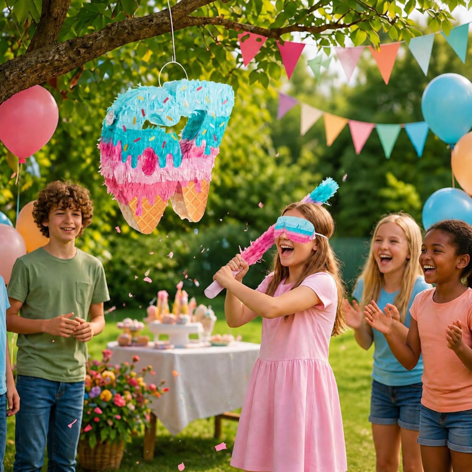 Sanwuta Juego de piñata de helado 67 con máscara de palo de murciélago y confeti, decoración de fiesta temática de Sundae multicolor, cartón duradero, ideal para celebración de cumpleaños de verano