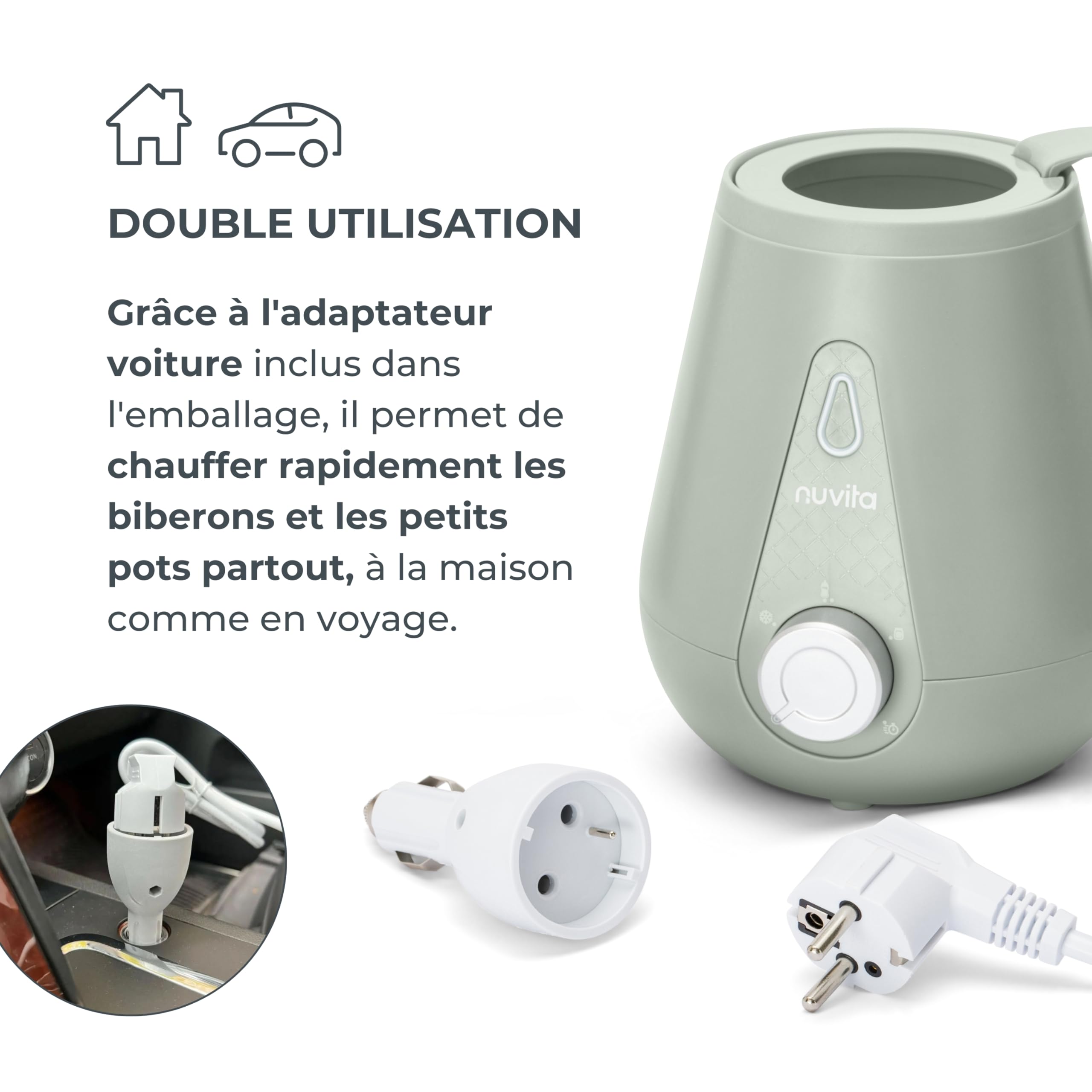 Nuvita 1165 | Chauffe Biberon Voiture et Maison | Chauffe Biberon Portable |Préparateur Biberon | Chauffe Biberon et Repas | Preparateur Biberon Automatique | Lait Maternel - Sage Green